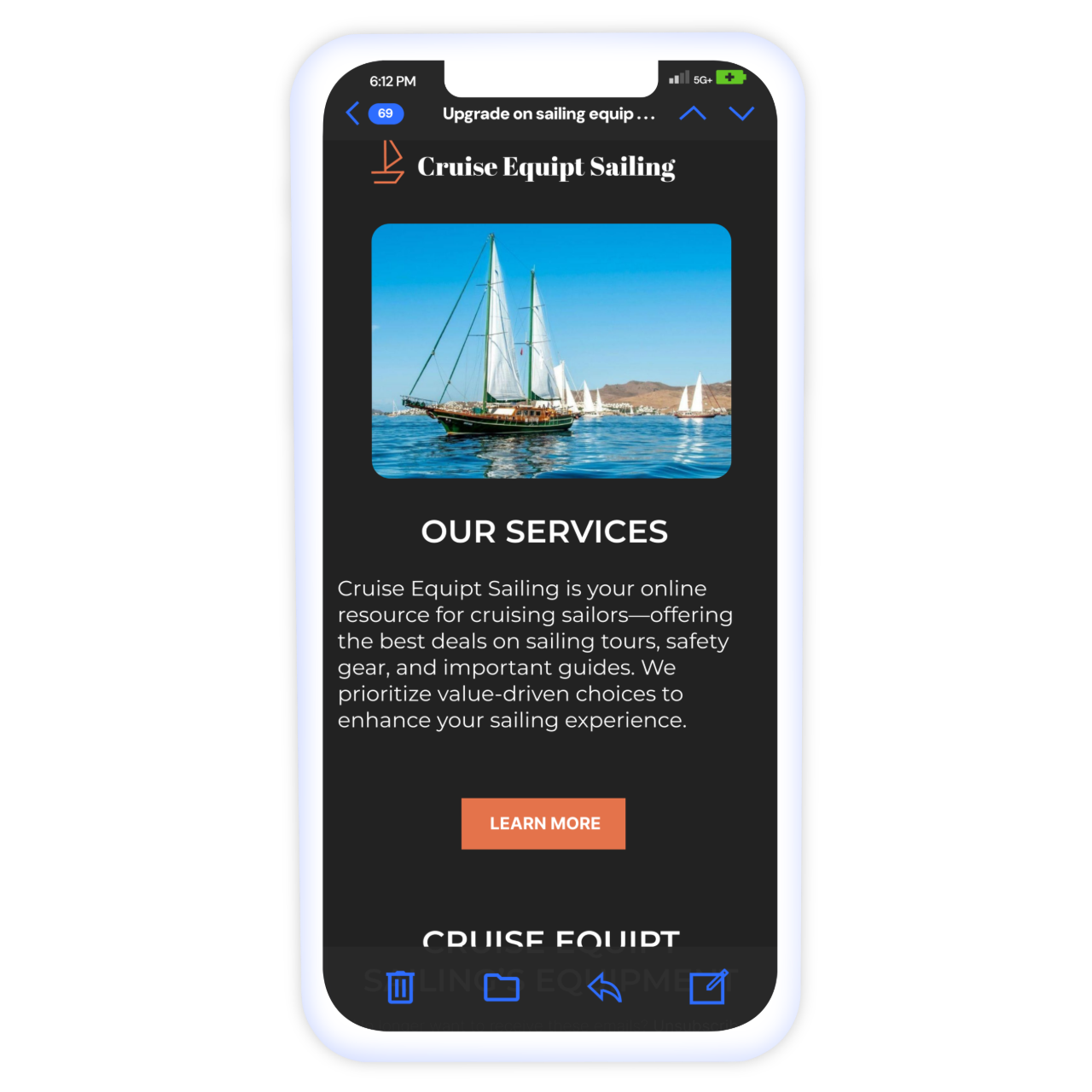 An email template mobile of a sailing equipment brand in a laptop in dark mode