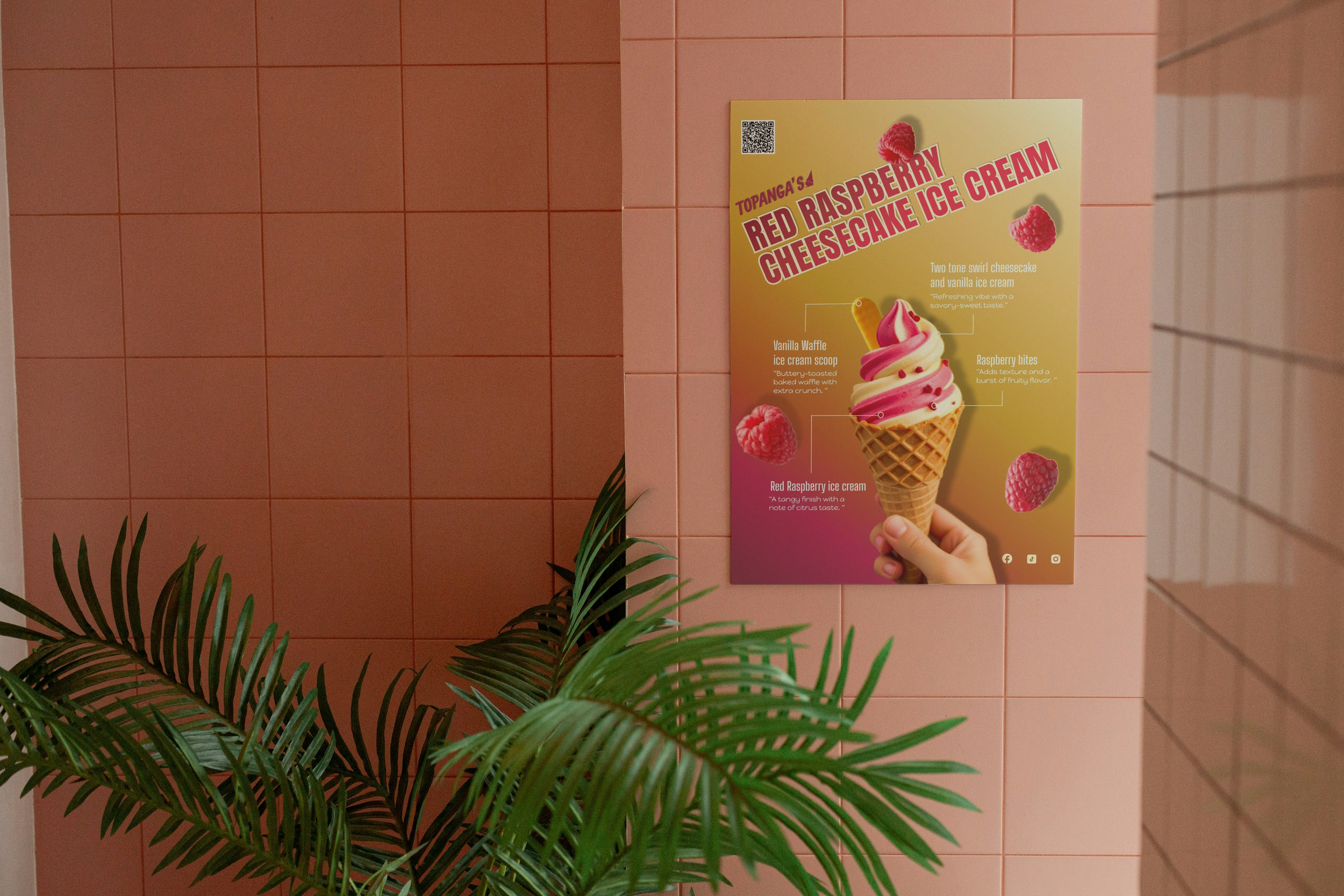 A mockup of an ice cream poster of Topanga's new flavor 'Red Raspberry Cheesecake Ice cream.'