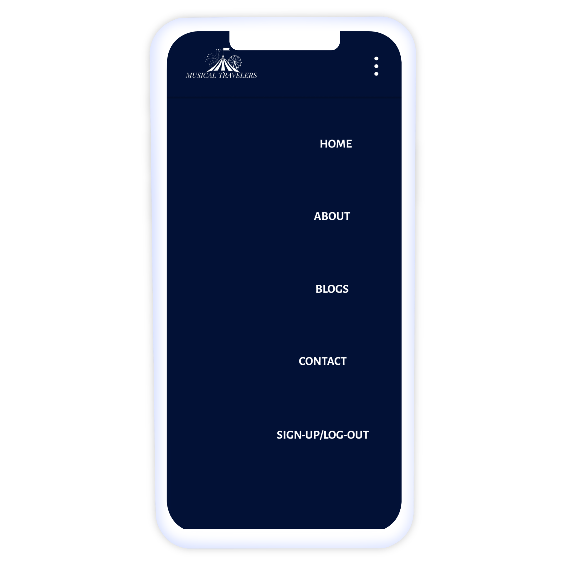 A mockup up of how Festival Traveler's hamburger menu looks on a mobile device.