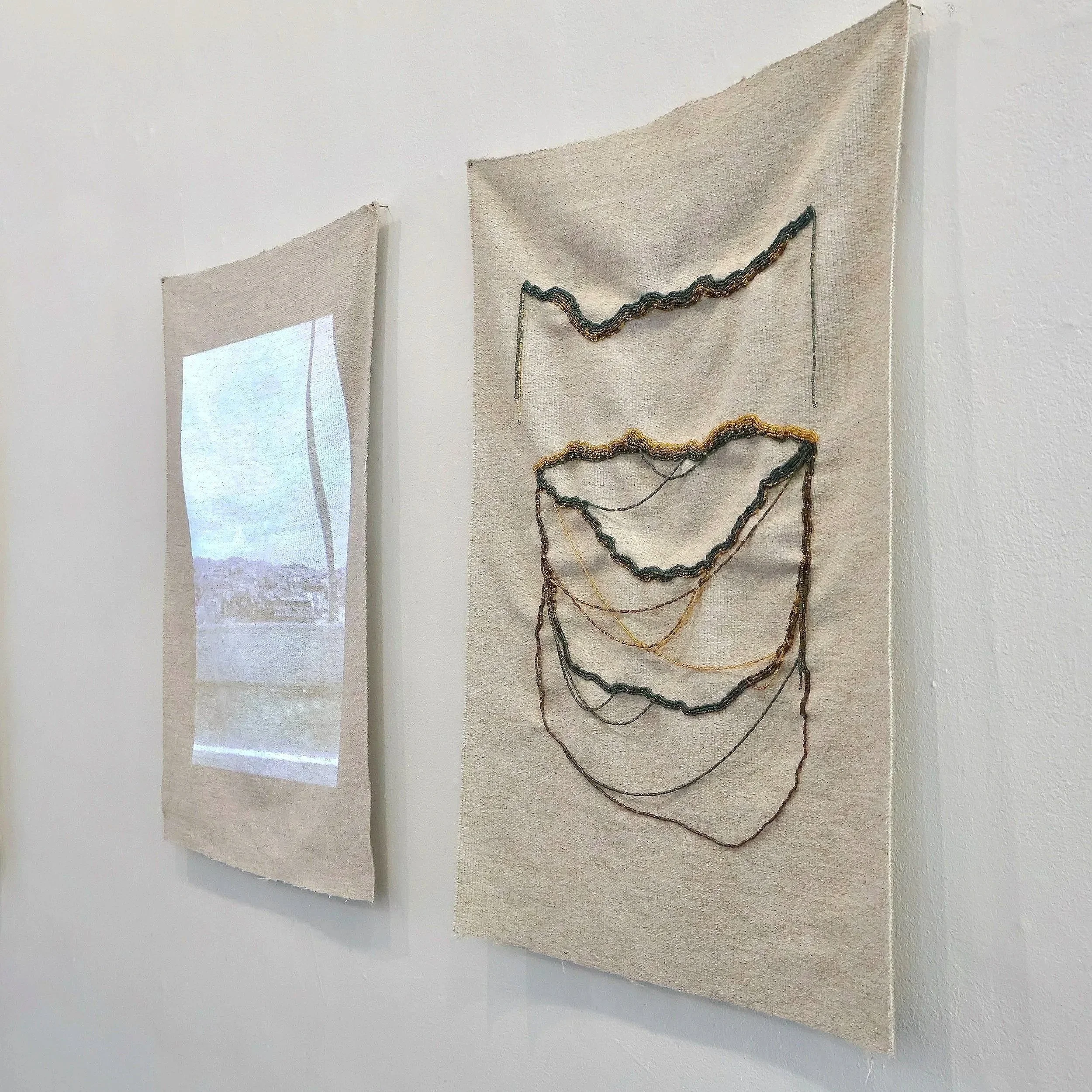 "Residual Effects", 2025, Glass seed beads, Silk thread, Projected digital media, Woven fabric