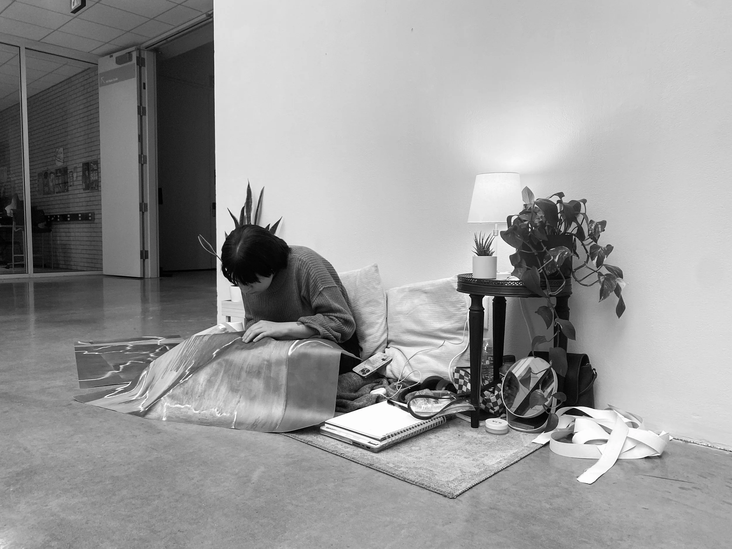 "Noted", 2023, Performance consisting of  7 hours of sewing into a painted canvas