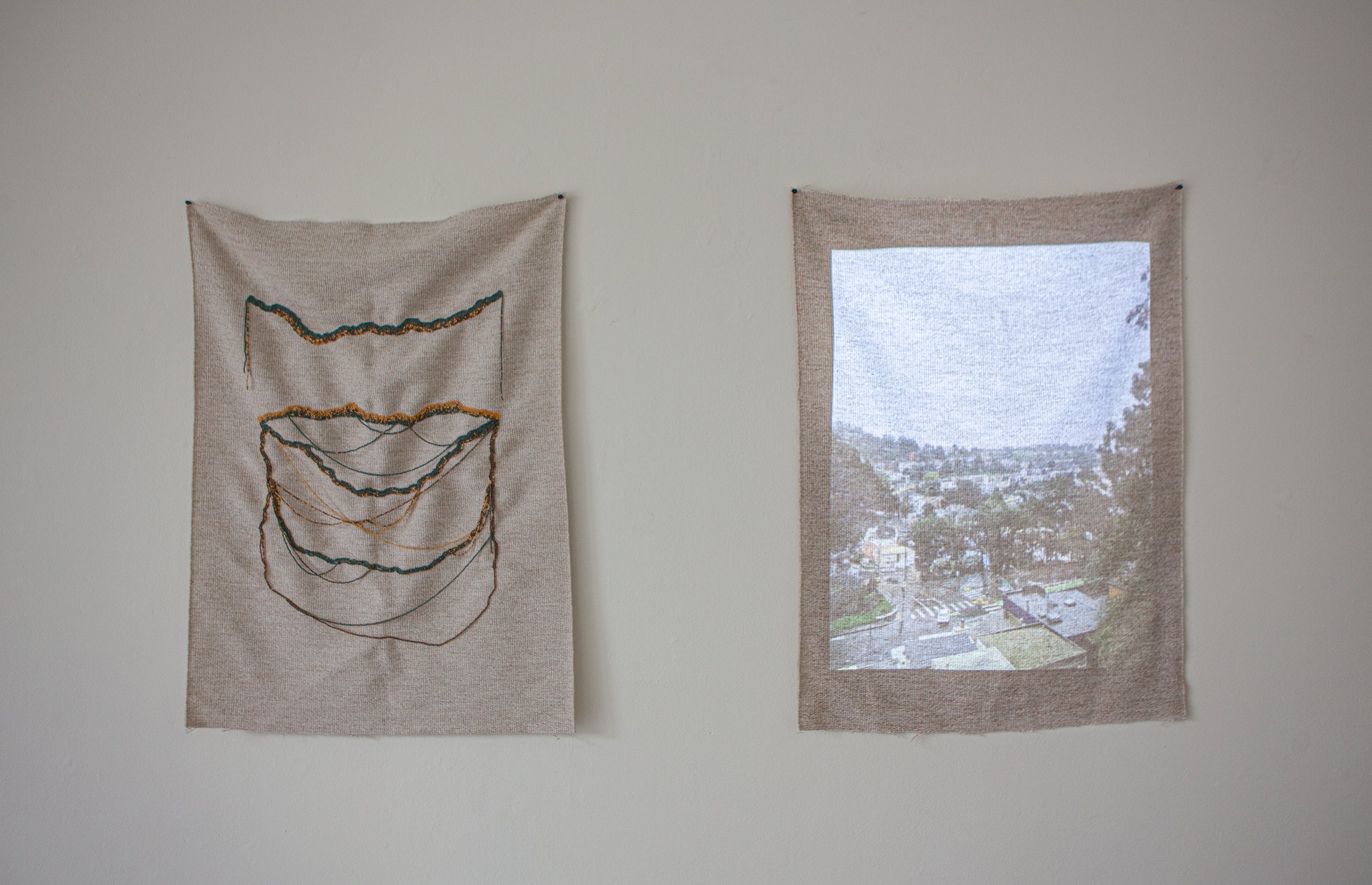 "Residual Effects", 2025, Glass seed beads, Silk thread, Projected digital media, Woven fabric (28" x 36")