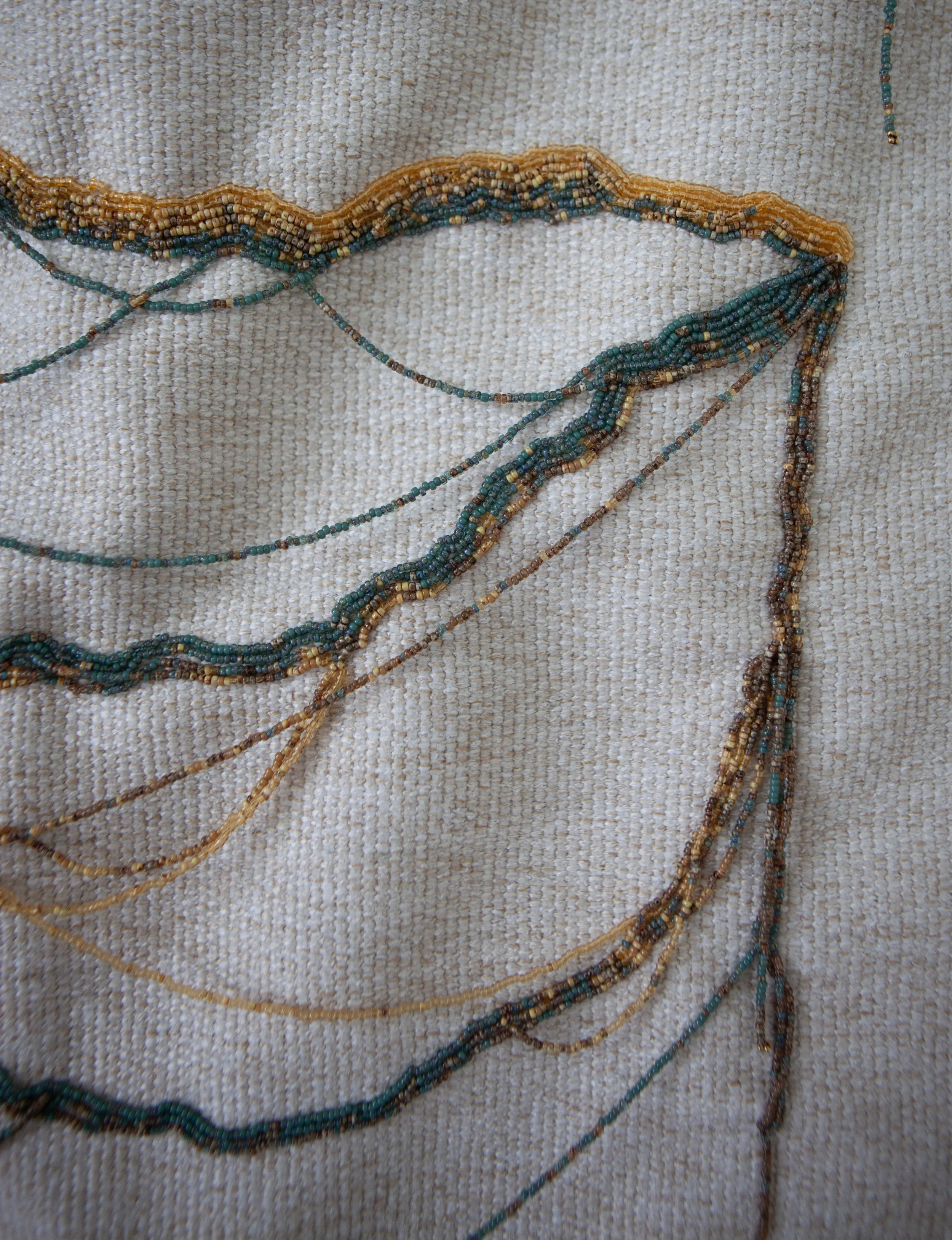 "Residual Effects", 2025, Glass seed beads, Silk thread, Projected digital media, Woven fabric (28" x 36")