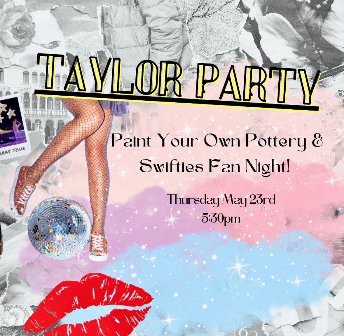 Buy Your Tickets Today! DistractionsArtStudio.com 

Calling all my fellow Swifties! Please join us for a night of Paint Your Own Pottery! Tonight is themed around our love for everything Taylor! Our shelves will be stocked with Pottery for purchase t