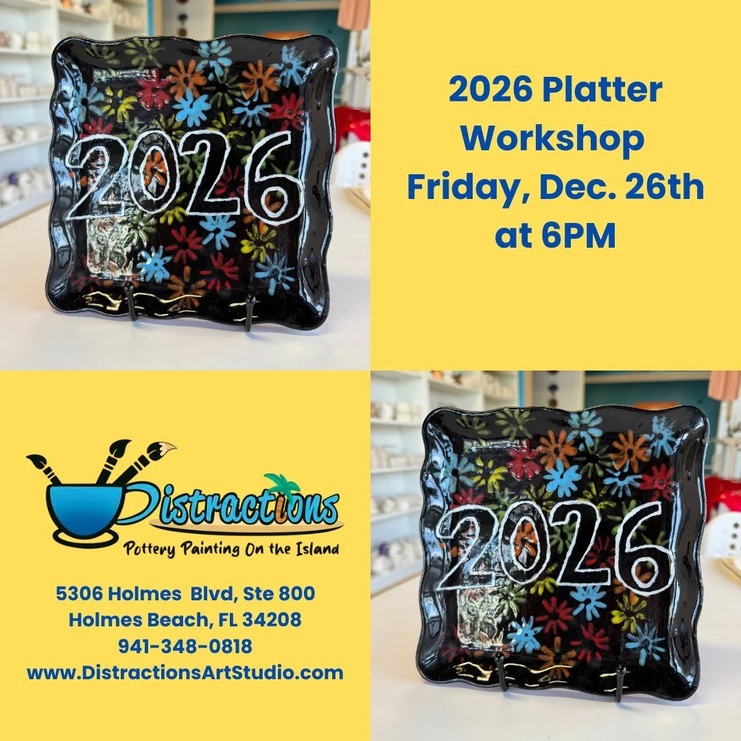 Kick off the countdown to 2025 with creativity!
Join Distractions on Dec. 26 from 6&ndash;8 PM for our Fireworks Popping Platter workshop.

Your $27 registration covers all materials, instruction, and kiln firing&mdash;and also goes toward the platte
