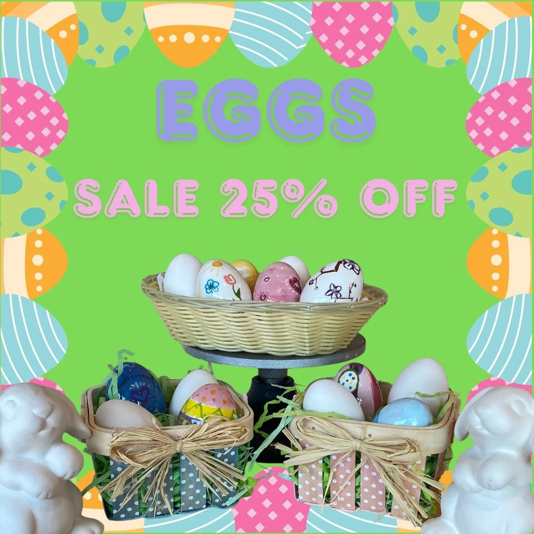 Oops&hellip; we ordered too many eggs for the studio! 🥚😅

Lucky for you, our mix-up means savings! From now through Easter Monday, April 6, all ceramic eggs are 25% off. Come paint an egg that will last for years&mdash;not just until the candy&rsqu