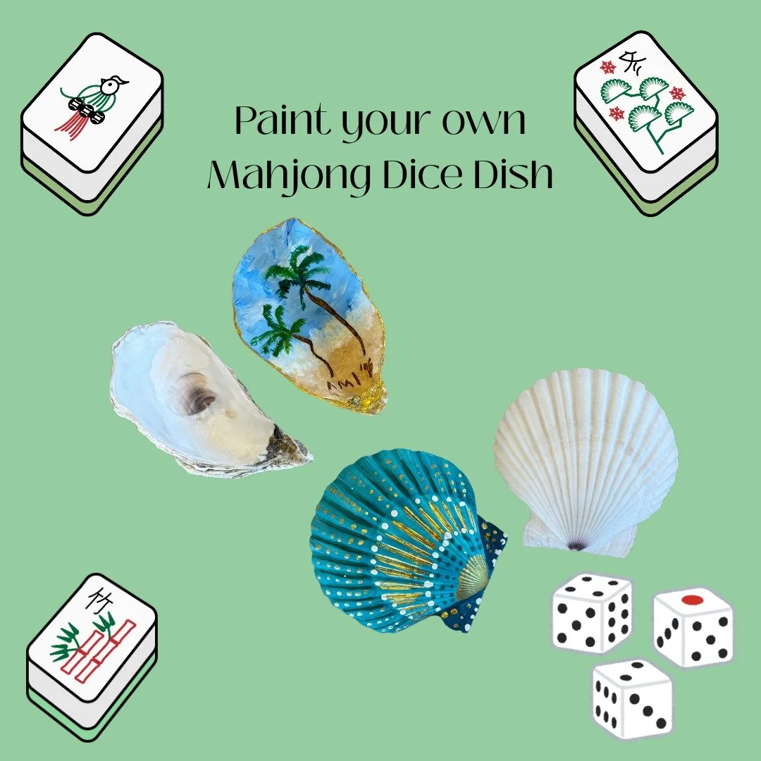 Mahjong Maddess hits the studio!
Come out to the studio and paint your own dice dish.
After painting, stay and play Mahjong until 10pm.
The price includes your choice of either an Oyster shell or Scallop shell (first come, first serve), all materials