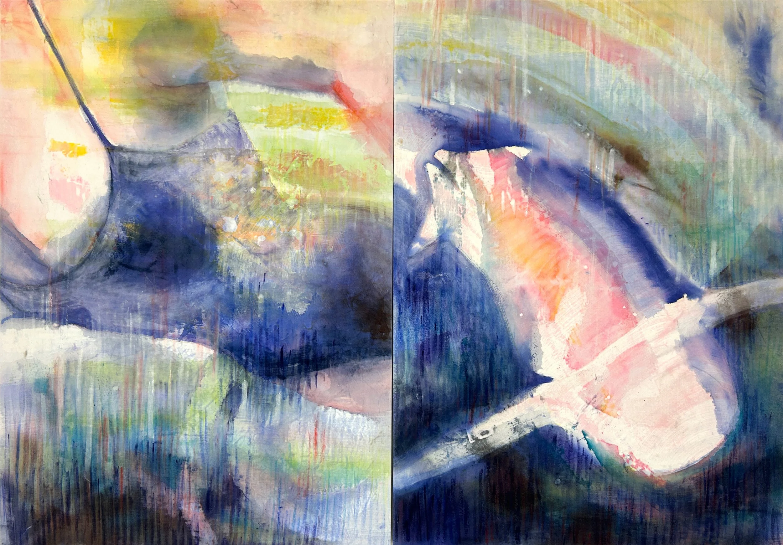 Push Me, Pull You, diptych, 2026, acrylic, ink and oil stick on cotton velvet, 180cm x 260cm
