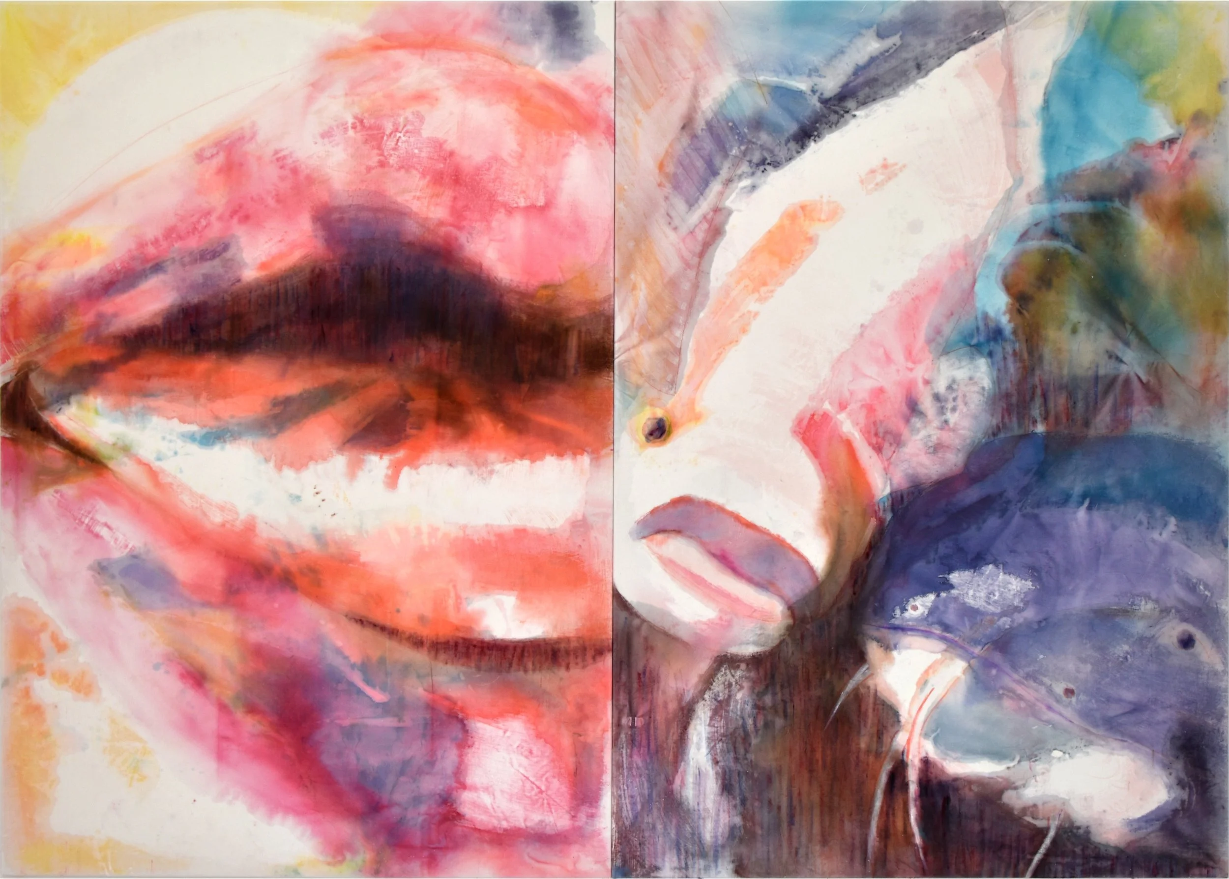 Gossips, diptych, 2026, acrylic, ink and oil stick on cotton velvet, 195cm x 270cm