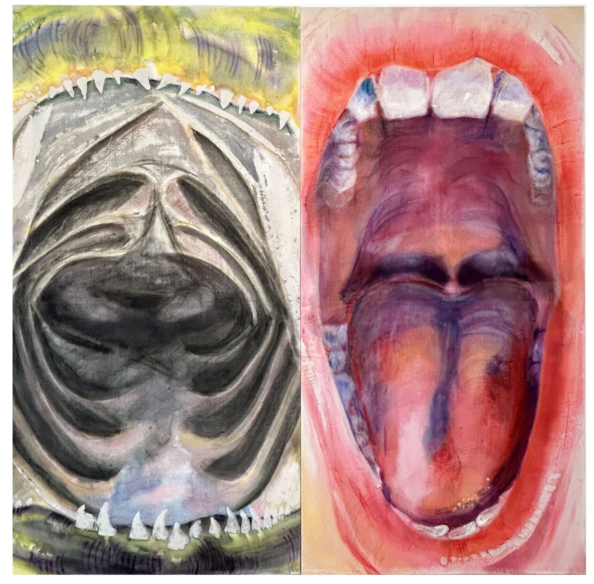 "Act Natural", diptych, 2026, acrylic ink, wax and oil stick on cotton velvet, 180cm x 180cm