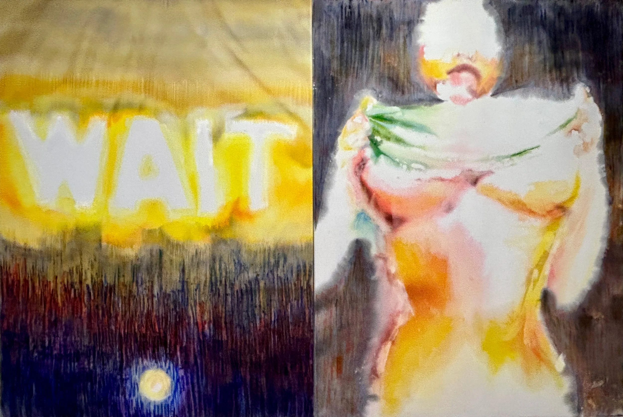 "Promise", 
Ink, wax and oil stick on cotton velvet, 
120cm x 180cm