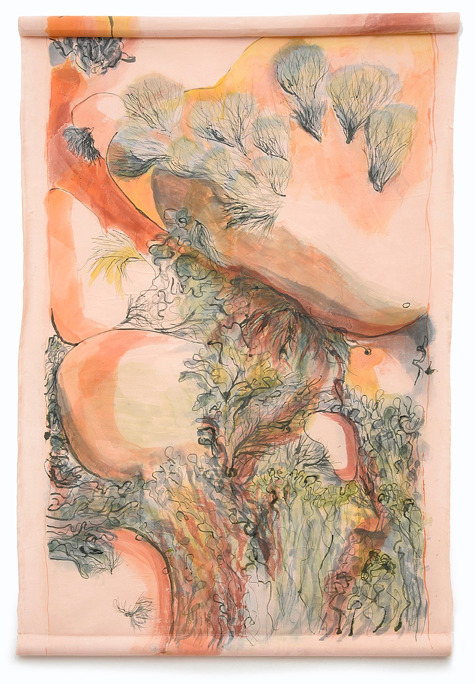 Intertidal Zone, 2024, acrylic on silk satin with pine dowels, 90cm x 114cm
