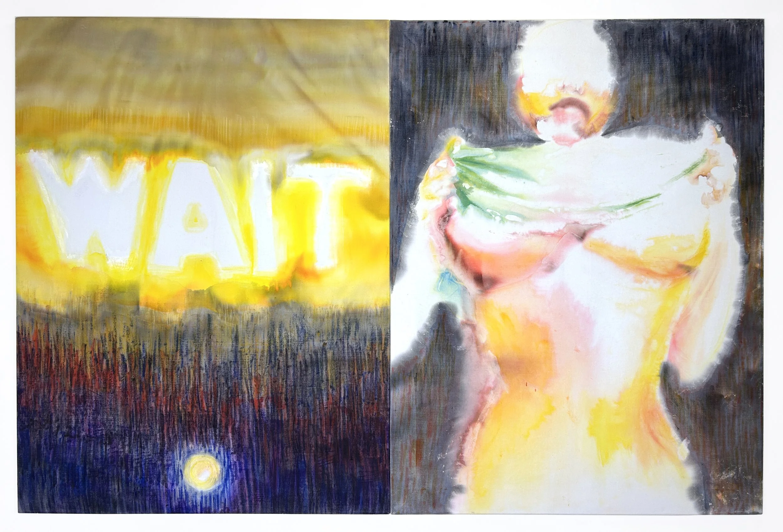 "Promise", diptych, 2026, ink, wax and oil stick on cotton velvet, 120cm x 180cm