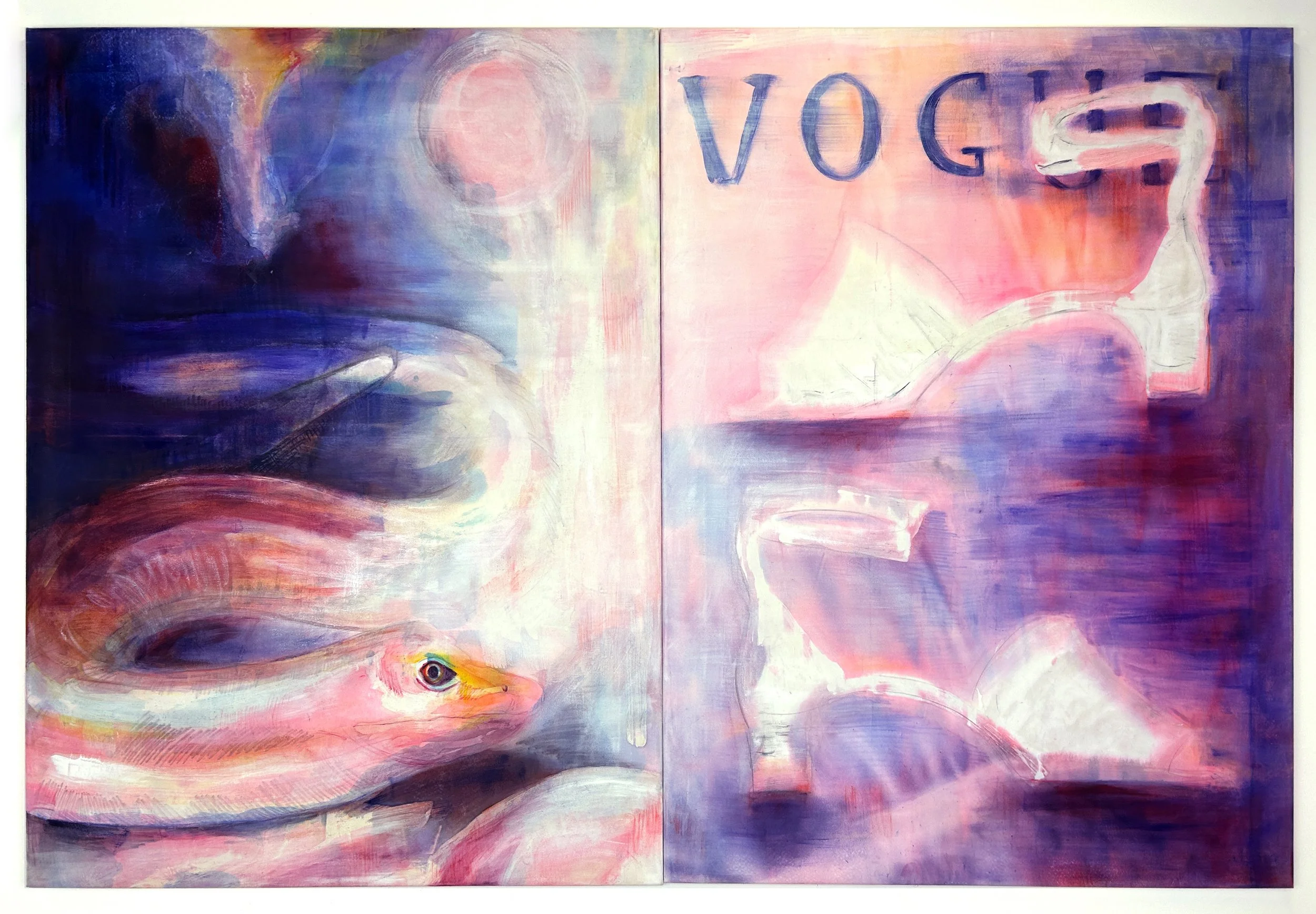 "Glamour for the Animal", diptych, 2025, acrylic ink, wax, oil and oil stick on faux suede, 120cm x 180cm