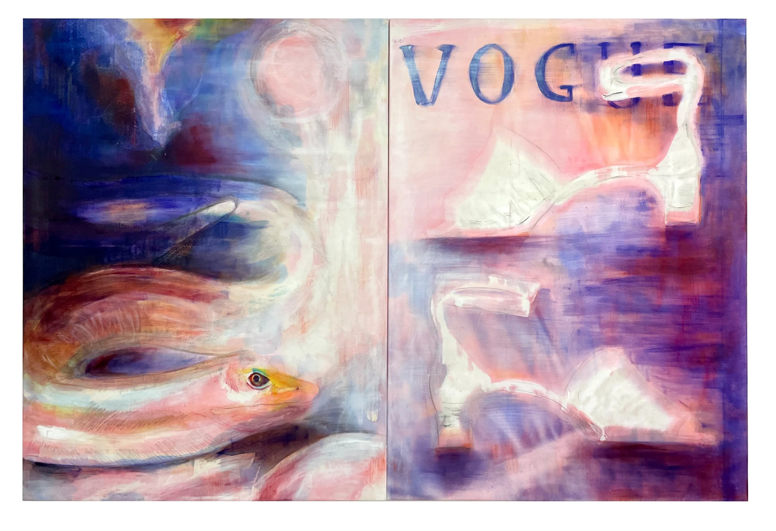 "Glamour for the Animal", diptych, 2025, acrylic ink, wax, oil and oil stick on faux suede, 120cm x 180cm
