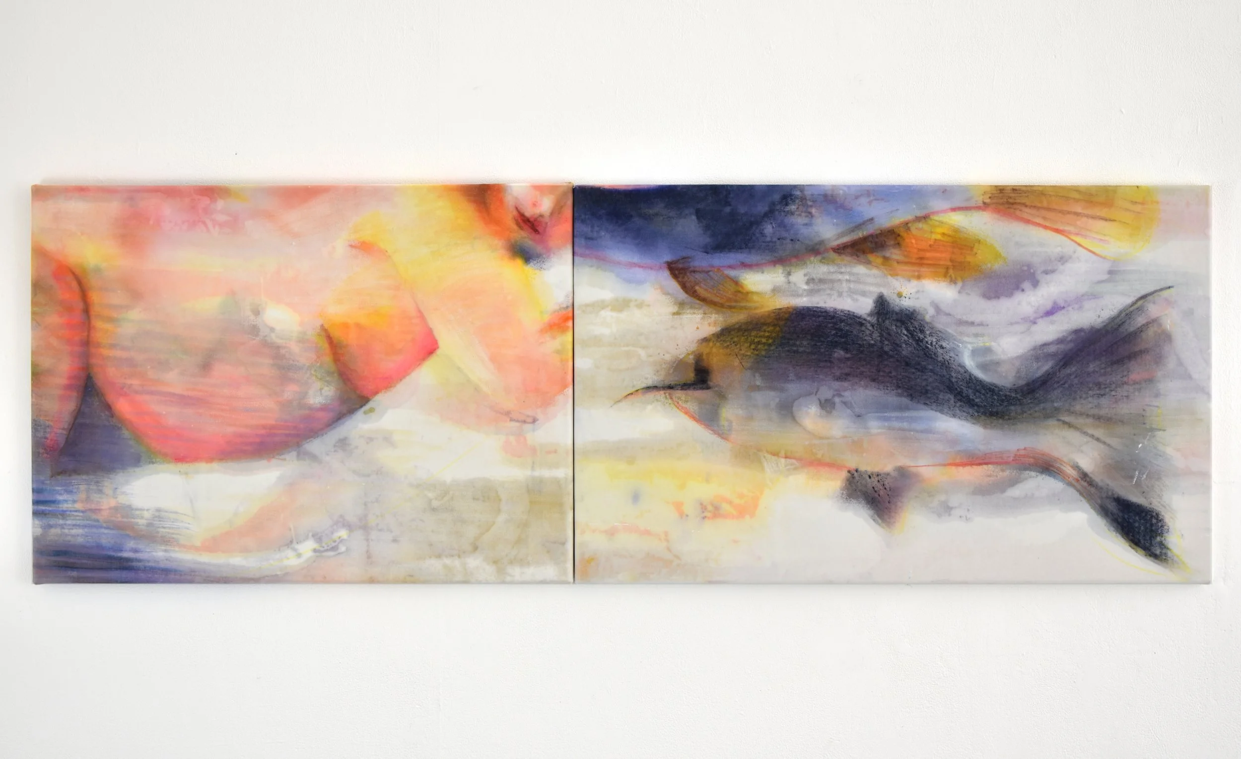 Caviar, diptych, 2026, acrylic, ink and oil stick on cotton velvet, 55cm x 165cm