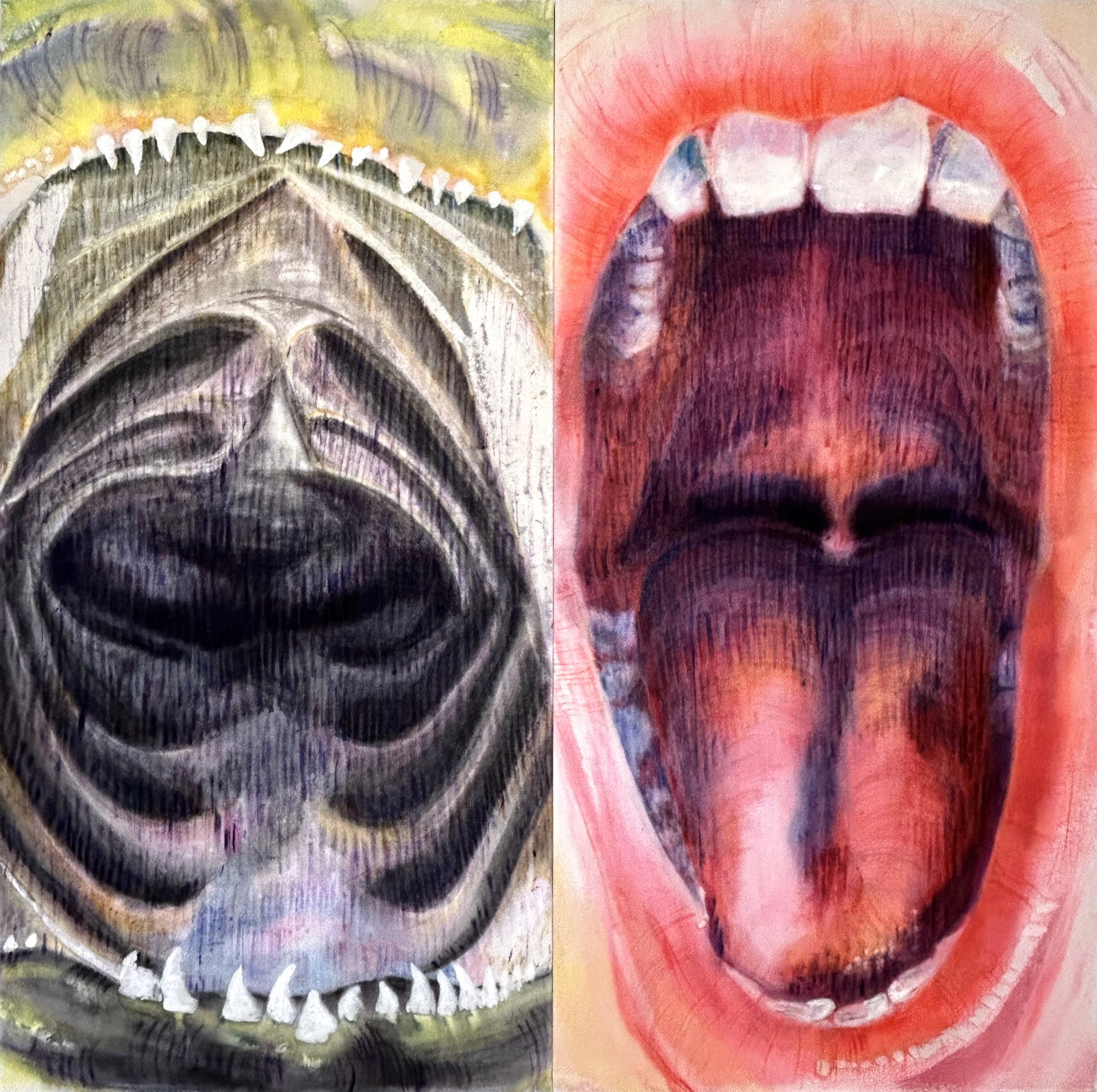 "Act Natural", diptych, 2026, acrylic ink, wax and oil stick on cotton velvet, 180cm x 180cm