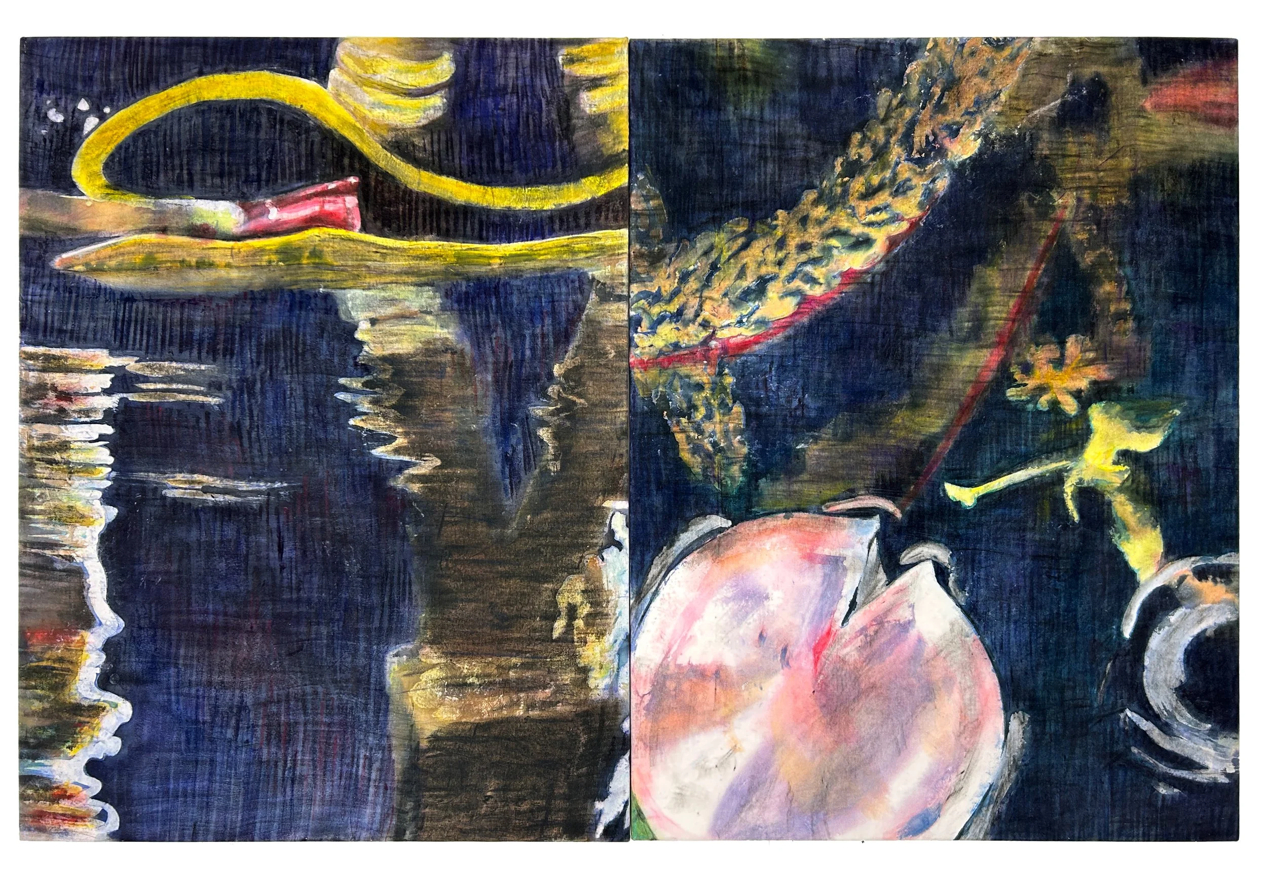"I Haven't Thought of You Lately, At All", diptych, 2026, acrylic ink, wax and oil stick on cotton velvet, 120cm x 180cm
