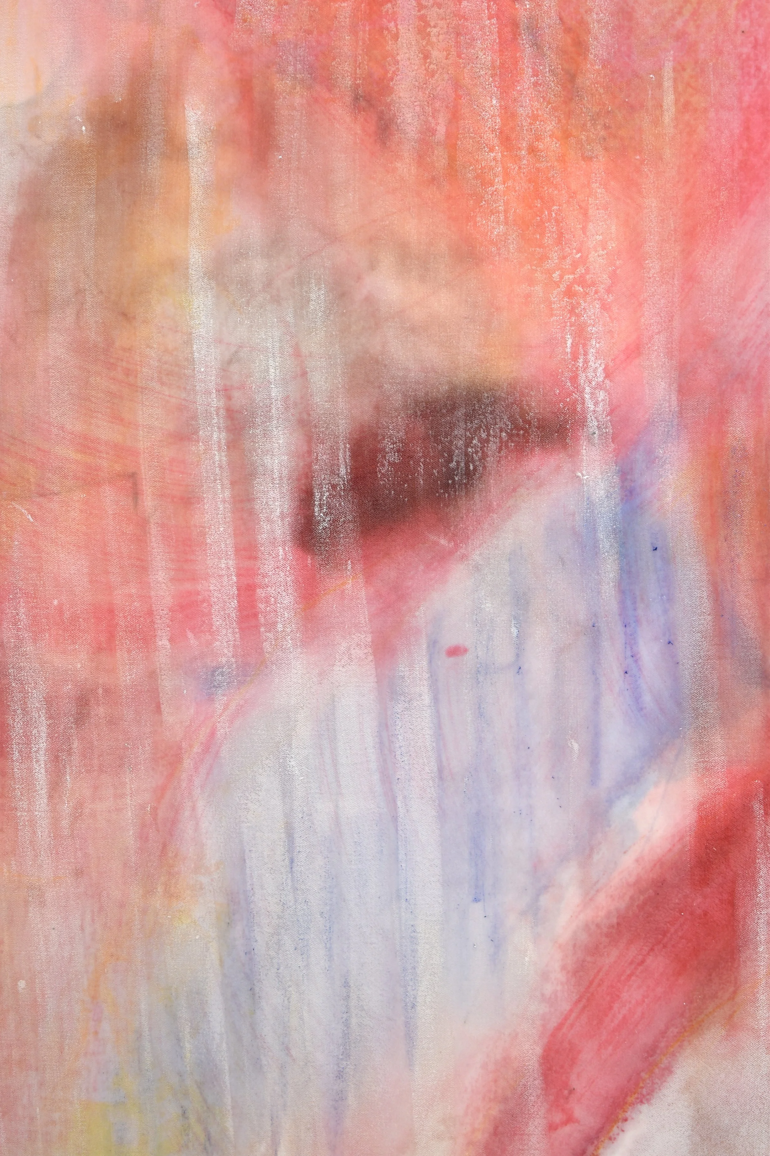 Close-up of a textured, abstract surface with streaks of white on purple, pink and red.