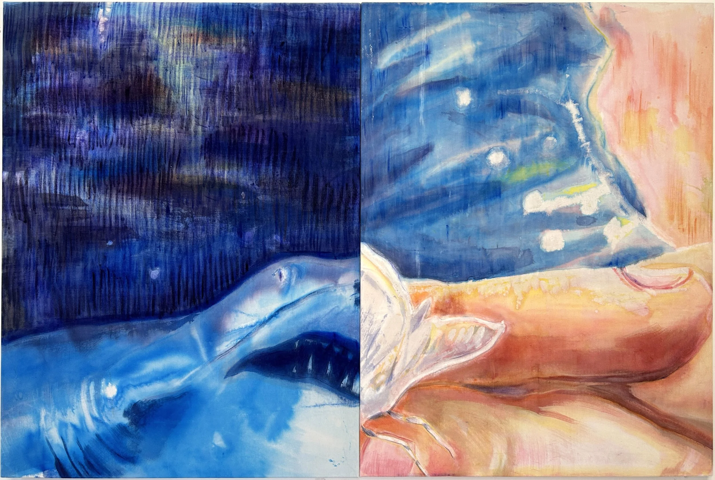"A Light Snack", diptych, 2026, acrylic ink and oil stick on cotton velvet, 120cm x 180cm