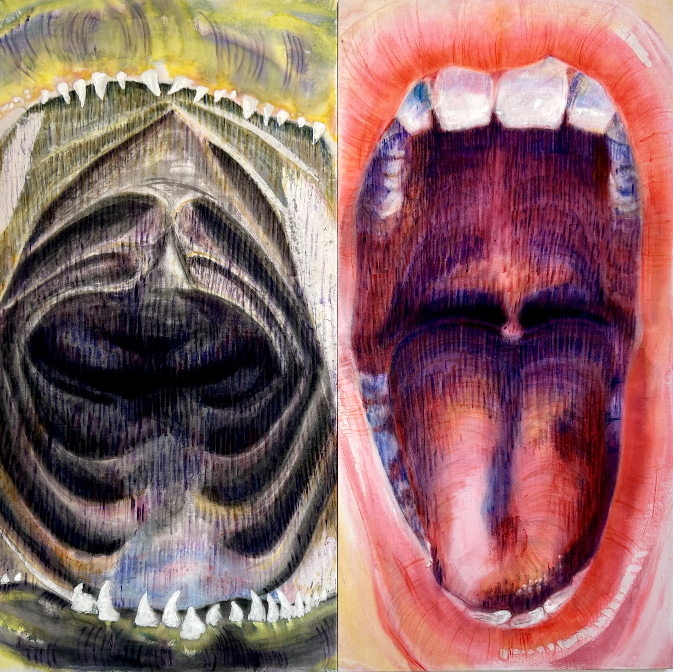 "Act Natural", diptych, 2026, acrylic ink, wax and oil stick on cotton velvet, 180cm x 180cm