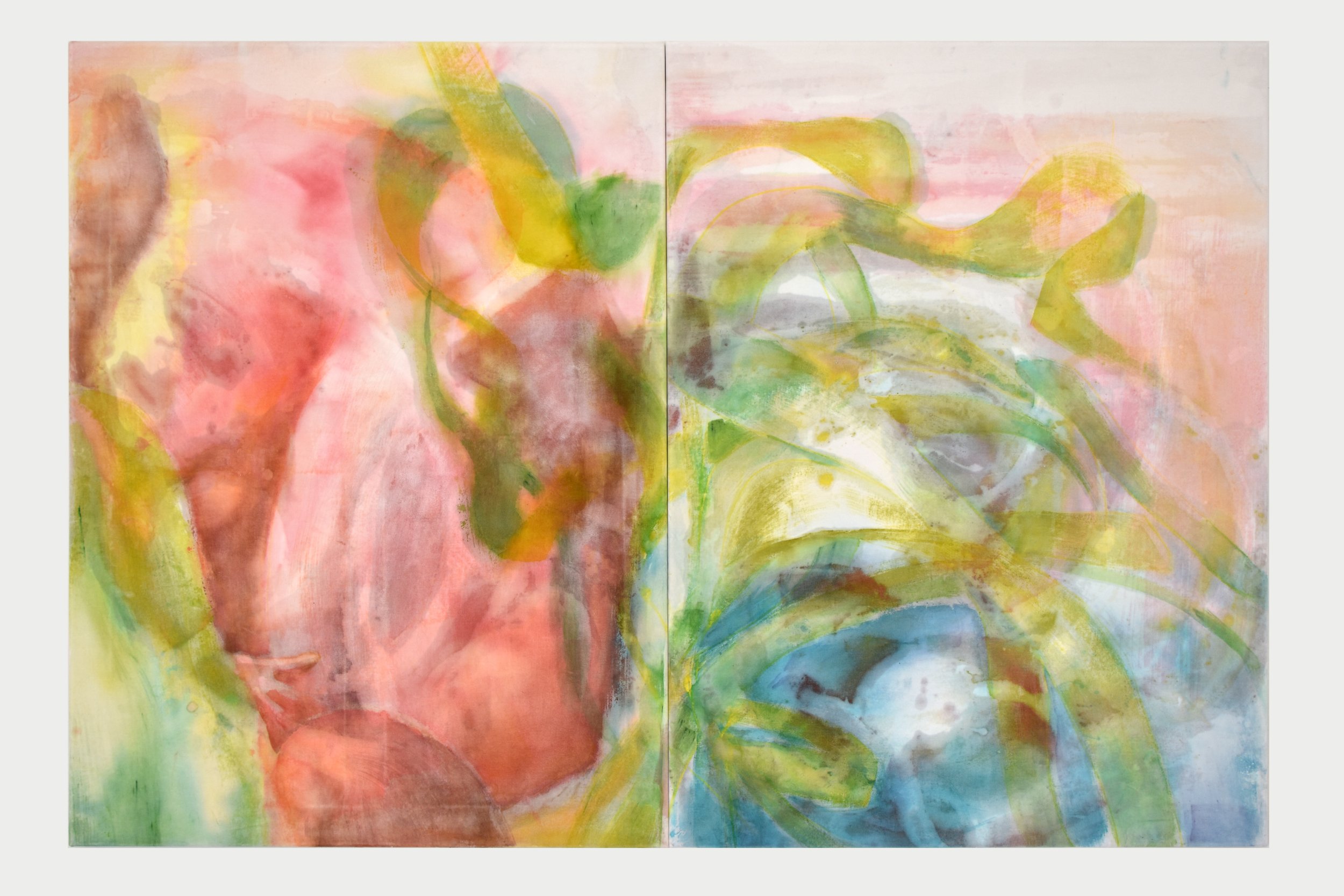 Open Everything, diptych, 2026, acrylic, ink and oil stick on cotton velvet, 120cm x 180cm