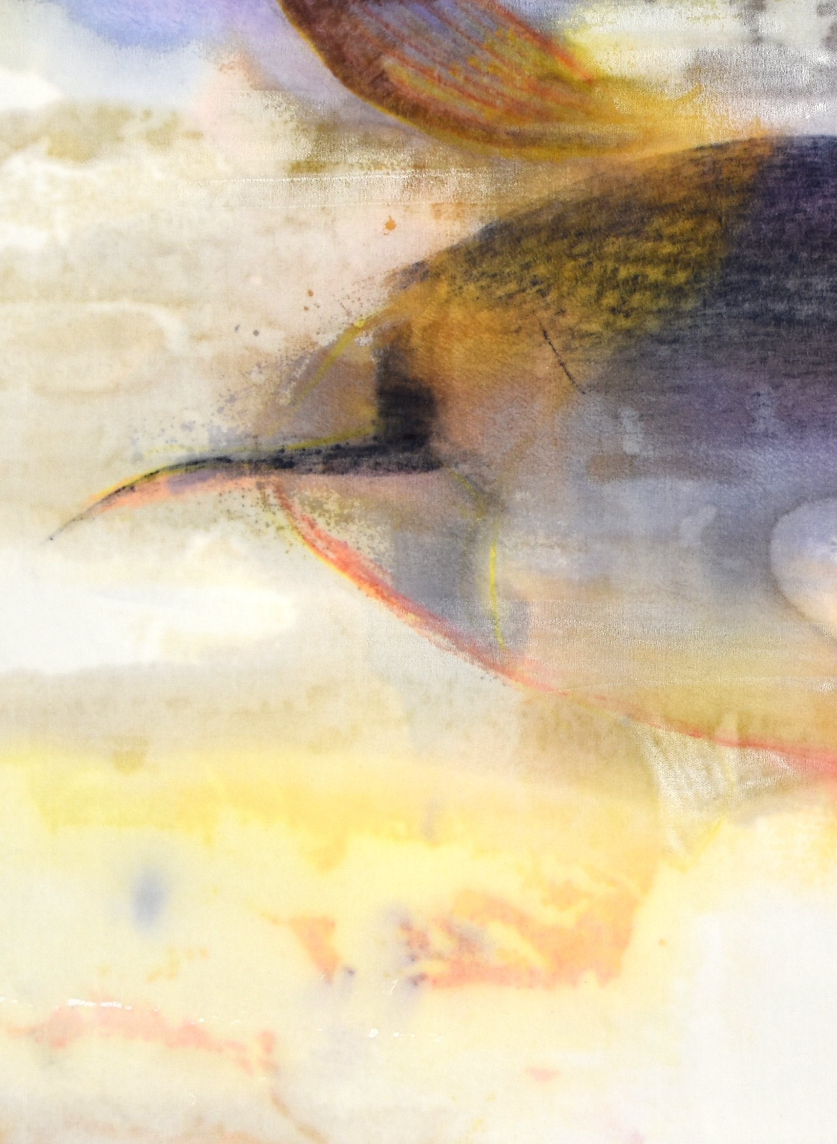 Close-up of a textured, abstract surface with white, yellow and grey.