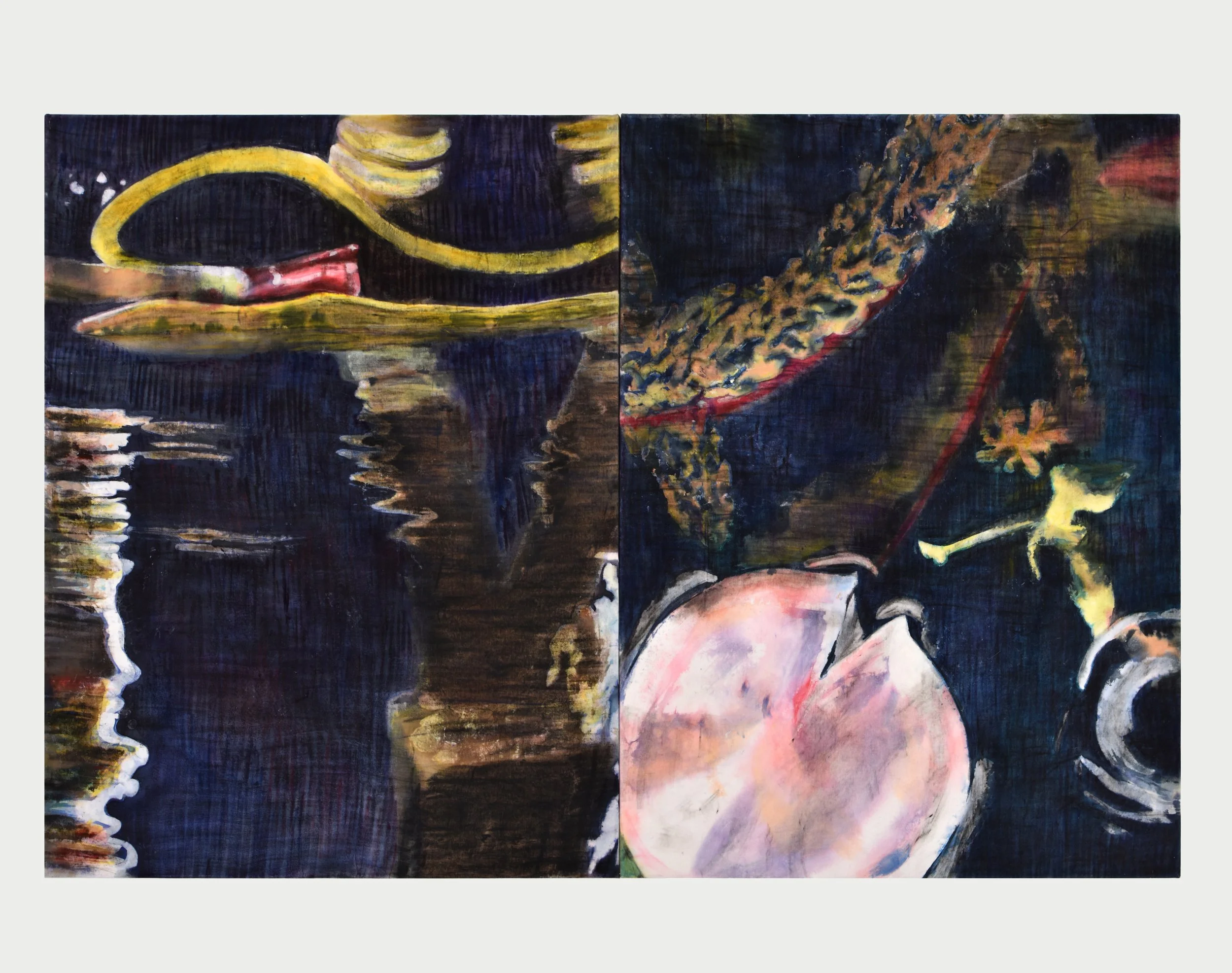 I Haven't Thought of You Lately, At All, diptych, 2026, acrylic, wax and oil stick on cotton velvet, 120cm x 180cm