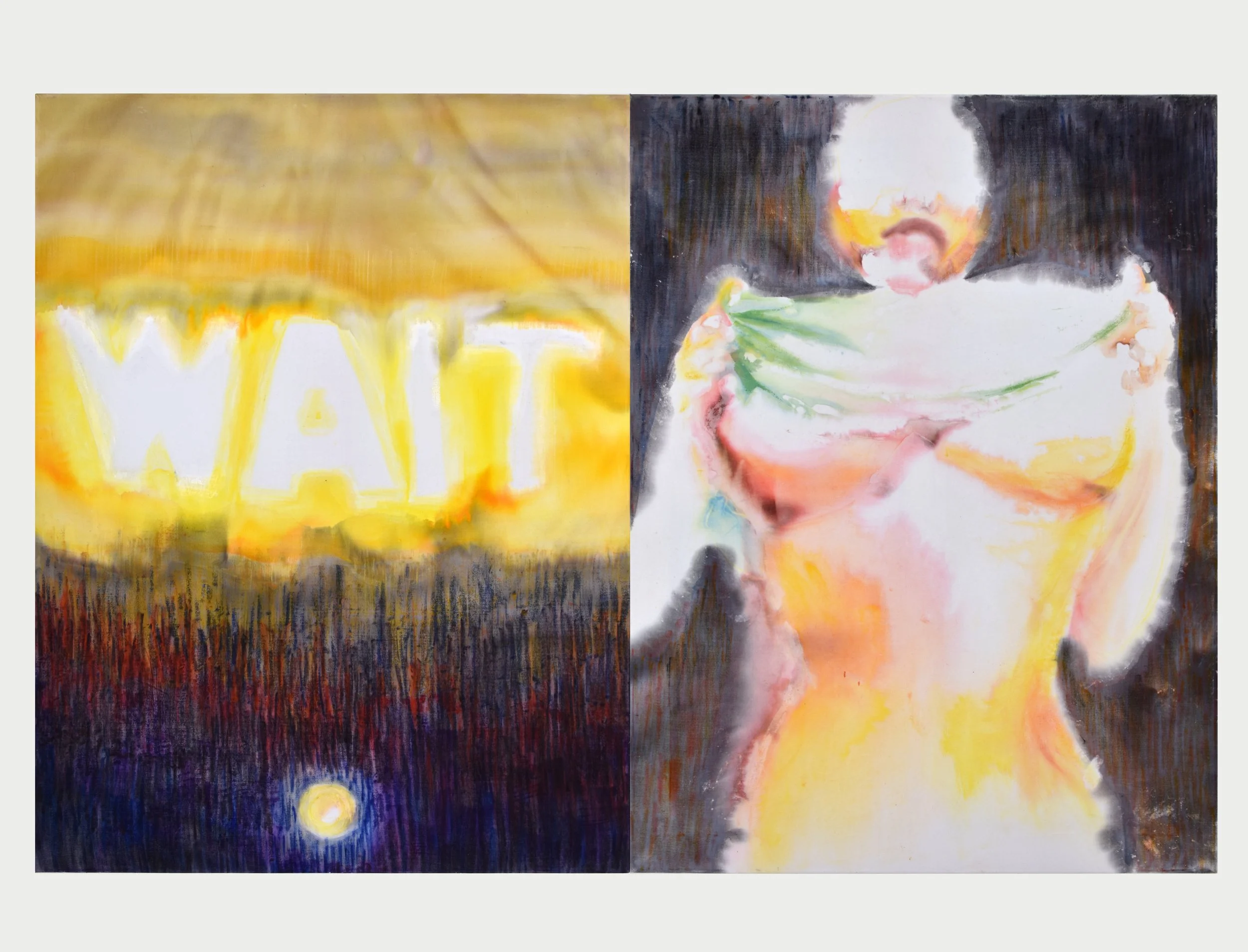 Promise, diptych, 2026, acrylic, ink stick, wax and oil stick on cotton velvet, 120cm x 180cm