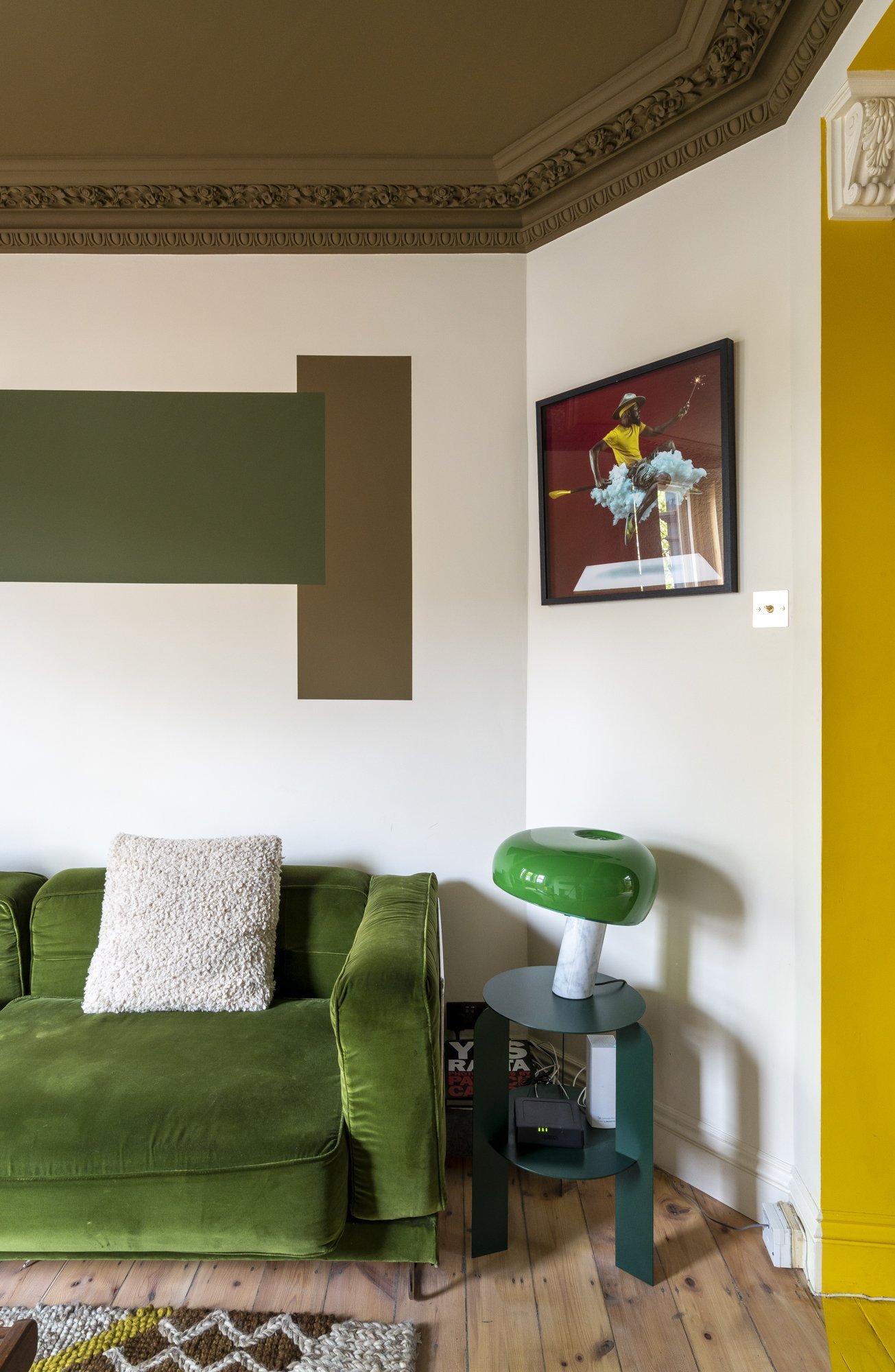 These shapes add energy to this room within a considered colour palette. The olive green ceiling is so beautiful.
