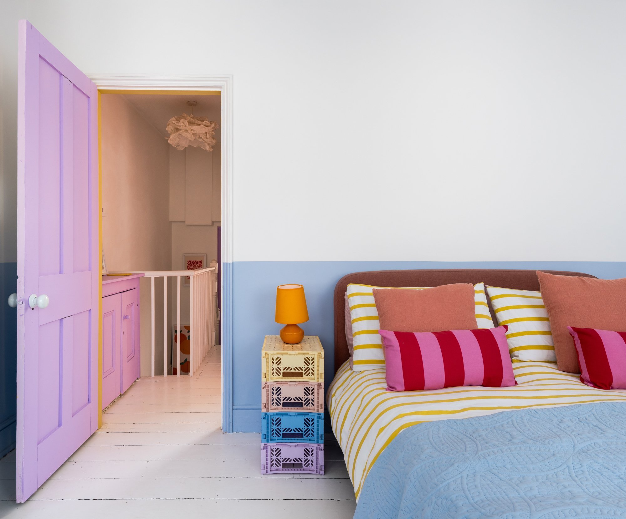 This blue is the perfect restful tone for this pastel toned home. Painting the lower half of the wall is a great way to add a splash of colour without overwhelming.