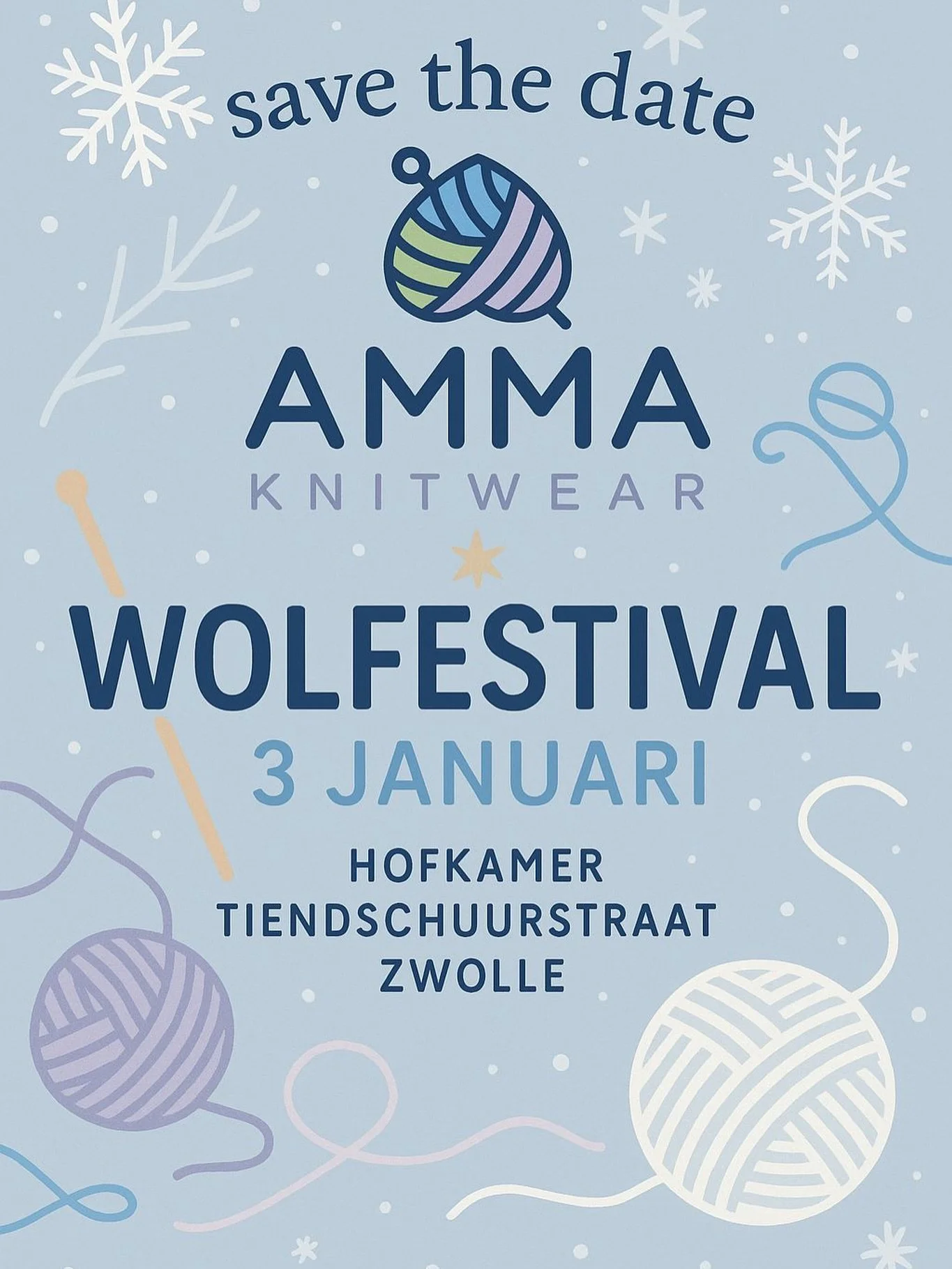 🎉 Save the Date: Wolfestival! 🐑
📅 3 januari 2026
🕙 10:00 &ndash; 16:00 uur
🎟️ &euro;12,50 bij de deur
📍Hofkamer, Tiendschuurstraat 66 Zwolle
✨ Een dag vol wol &amp; creativiteit:
✅ Zelf aan de slag met je eigen werk
✅ Idee&euml;n uitwisselen &a