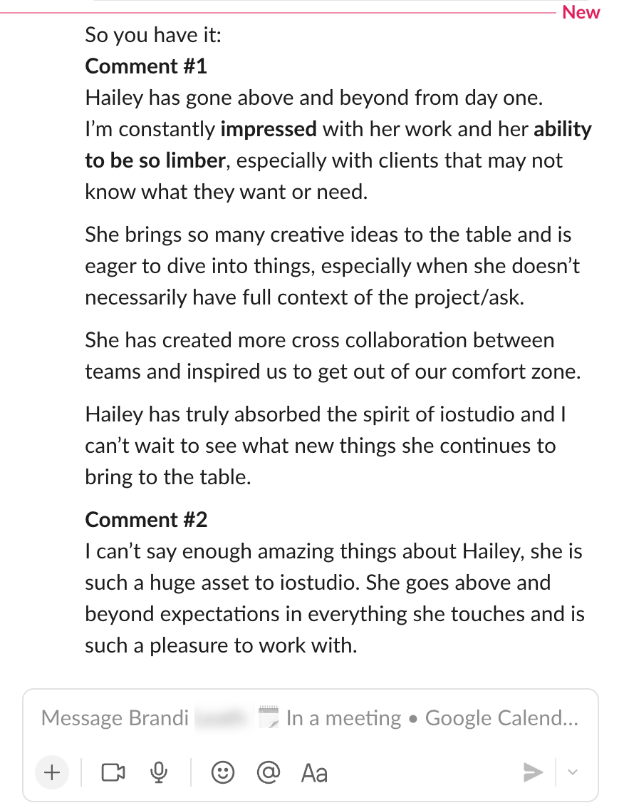 Screenshot of a message or document with comments praising Hailey for her creativity, collaboration, and ability to exceed expectations.