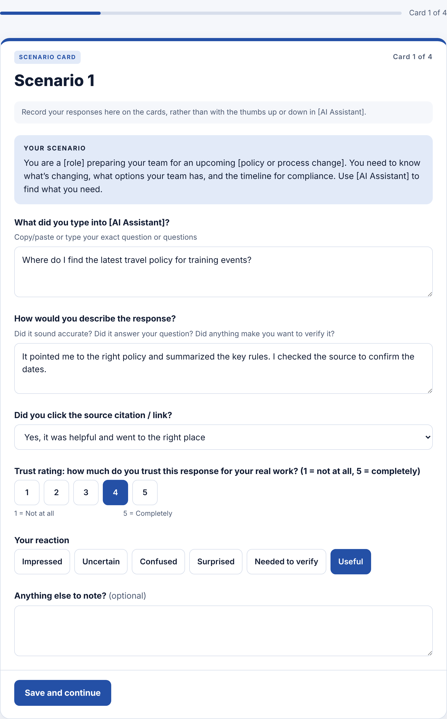 A Scenario card with a realistic task, a trust rating of 4 selected, and a reaction chosen