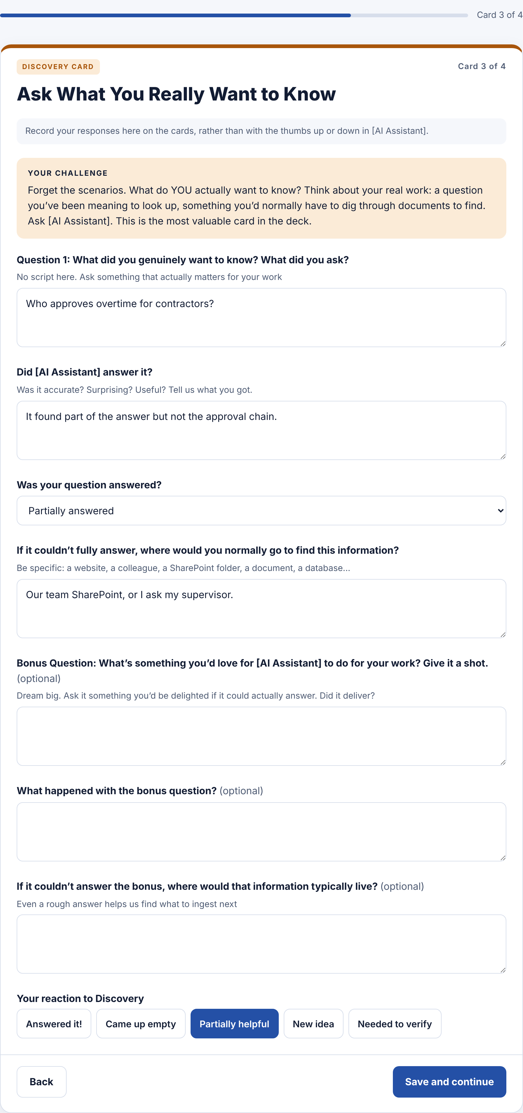 The Discovery card asking testers what they really want to know, whether the assistant answered it, and where they would normally look for it.