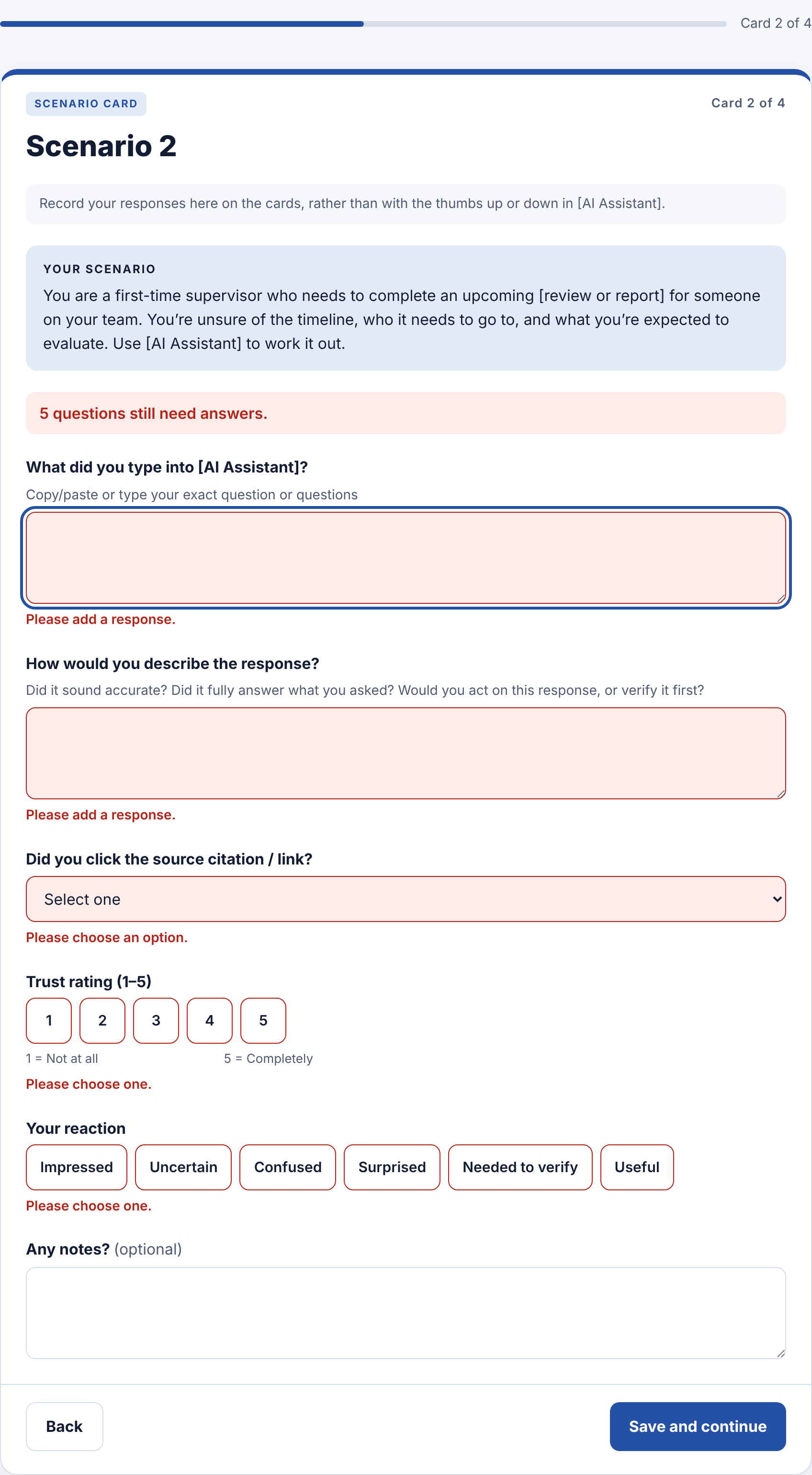 A card showing an accessible error summary that says 5 questions still need answers, with each field highlighted.
