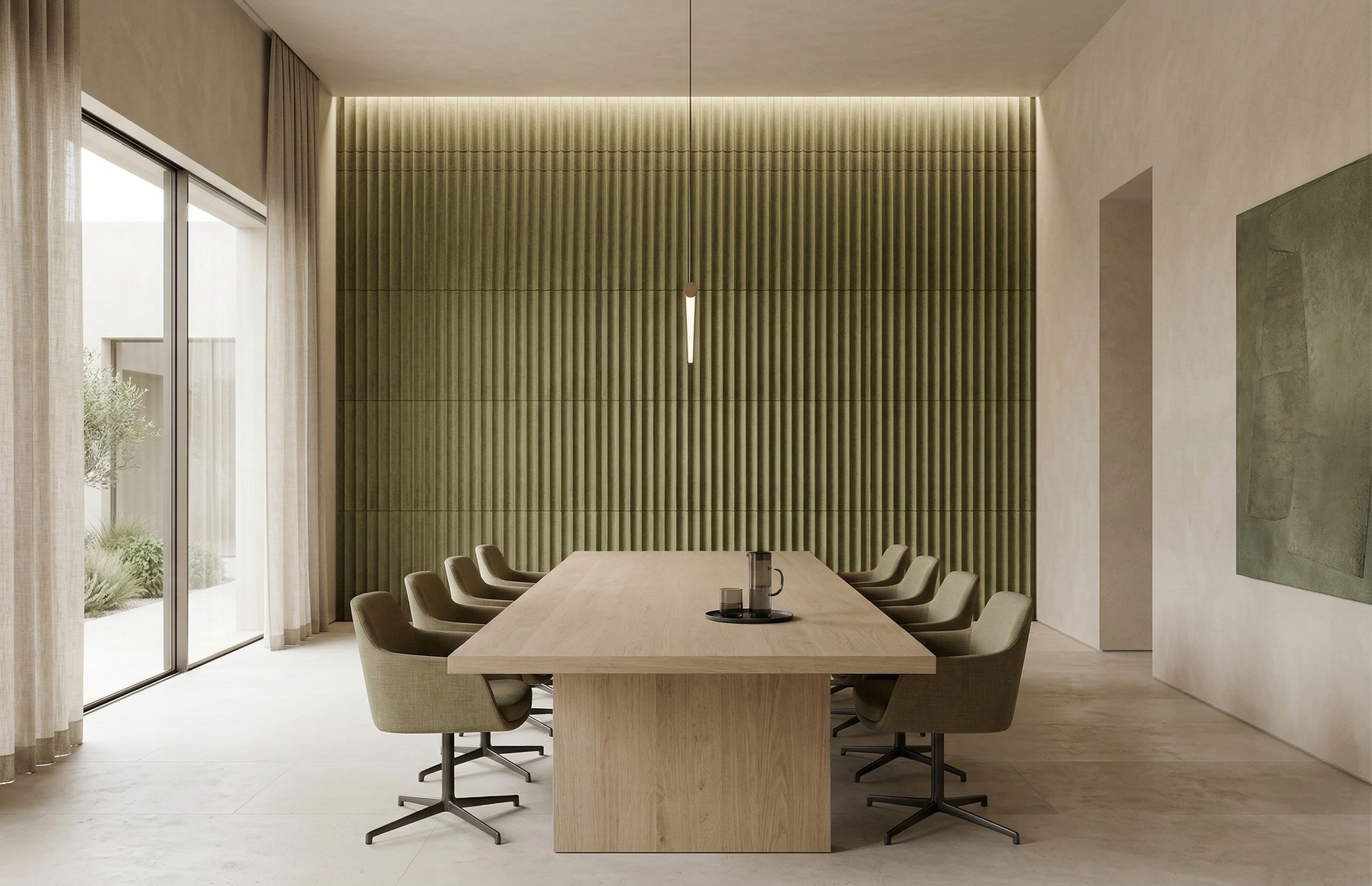 Sala de reuniones con mesa de madera y sillas tapizadas en tonos neutros, pared de fondo con paneles verdes decorativos, y ventanas grandes con cortinas claras.