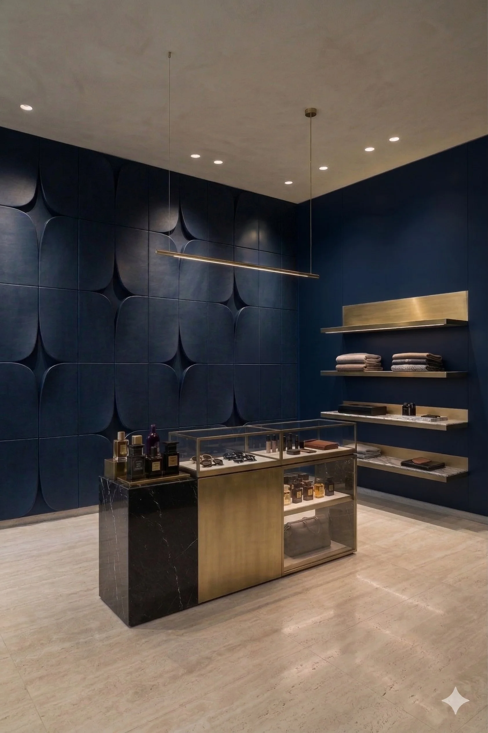 Silla blanca en una habitación decorada con estilo moderno, con pared de fondo de paneles beige y techo curvado, con piso de césped artificial.