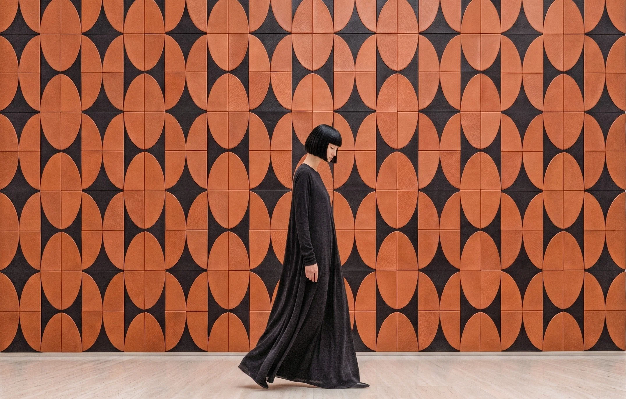 Una mujer con vestido largo negro y corte bob negro caminando frente a un pared decorativa de azulejos naranja y negro.