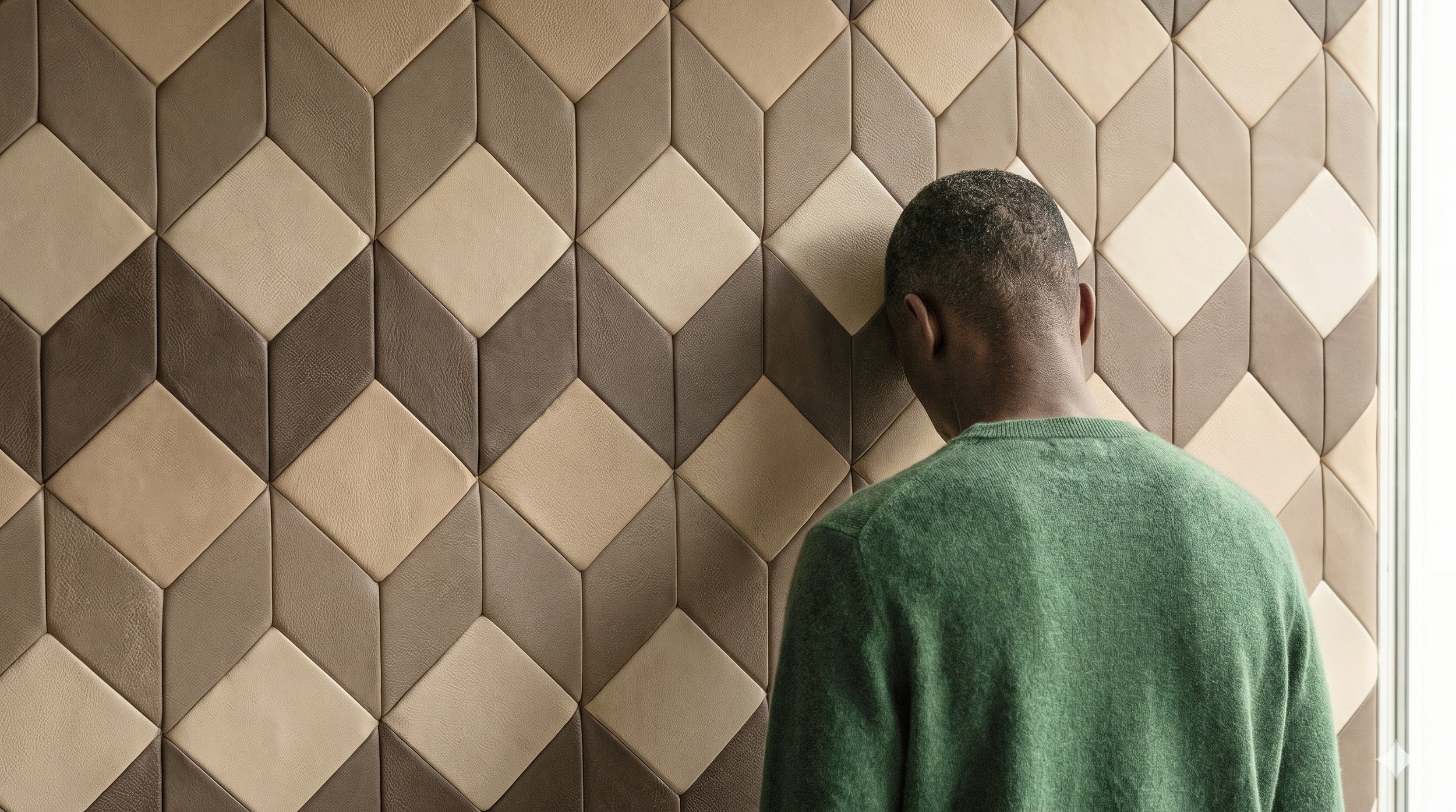 Hombre con camiseta verde de espaldas, de cabello corto y rizado, junto a pared de paneles decorativos en tonos beige y marrón.