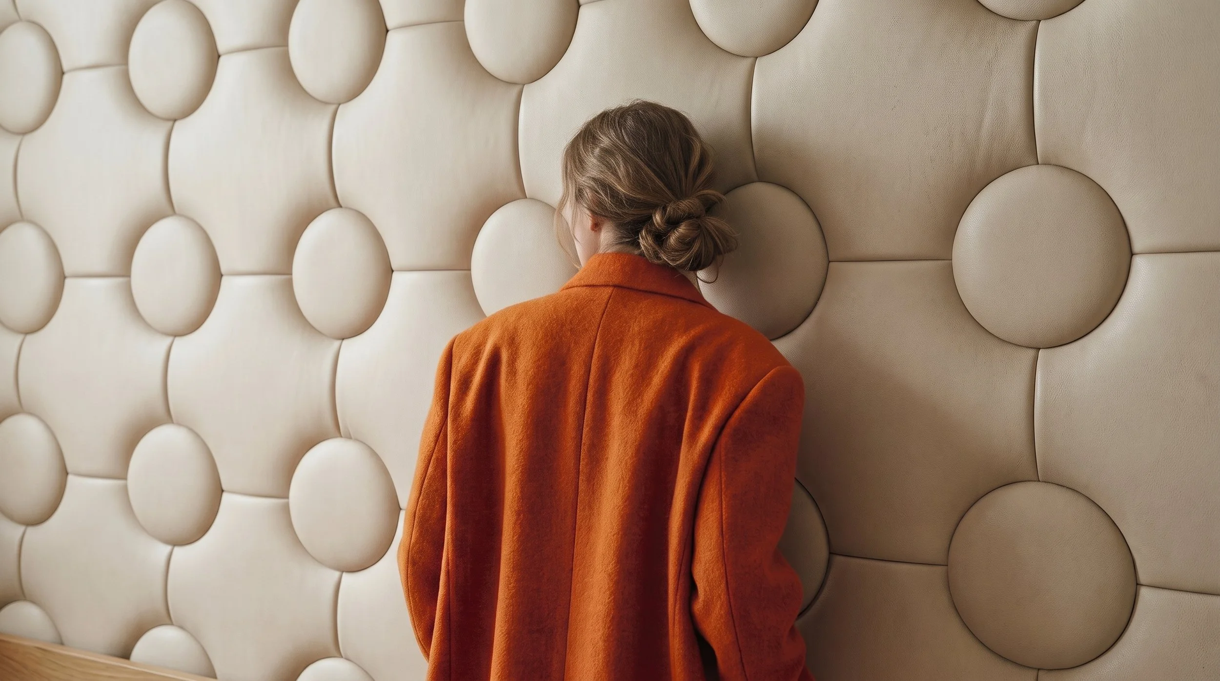 Persona con cabello rubio y recogido, usando abrigo anaranjado, de espaldas, apoyada en una pared de tapizado en forma de círculos beige.