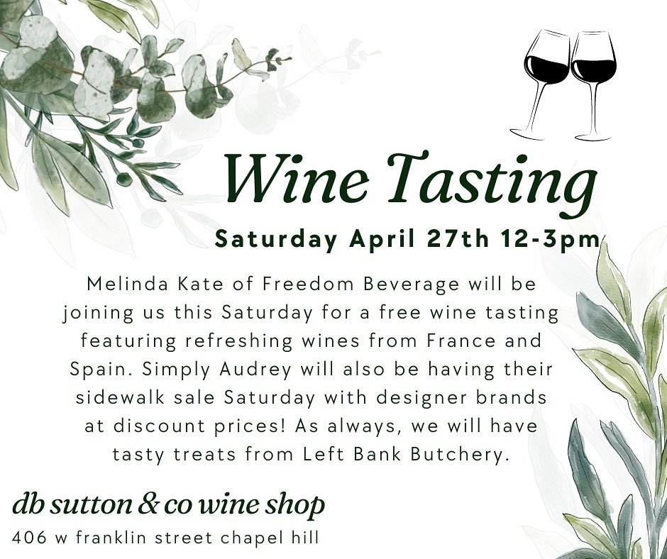 We hope you&rsquo;ll join us for a free tasting this Saturday hosted by Melinda with Freedom Beverage!🍷🤍

#freewinetasting #wineshop #winestore #smallbusiness #localwineshop #chapelhill #chapelhillnc #chapelhilldrinks #chapelhillwine #locallyowneda