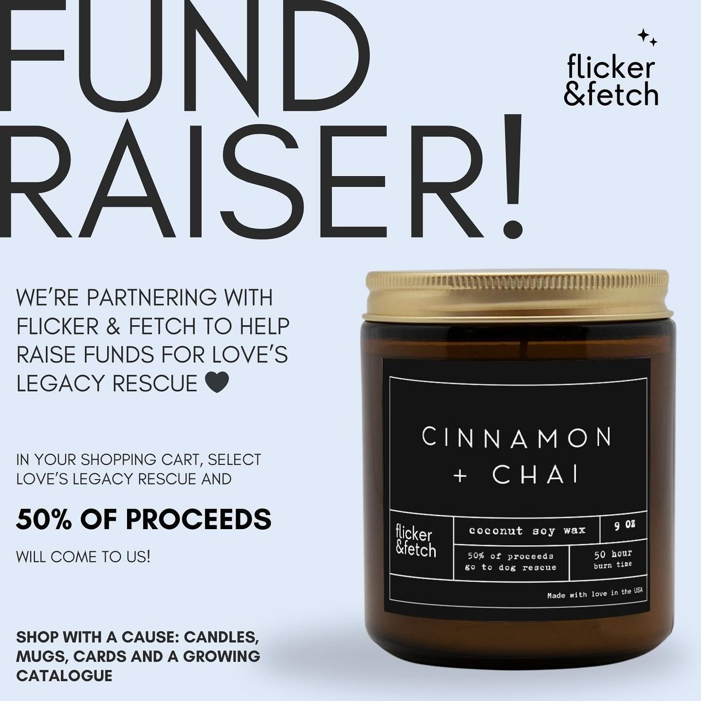 We are and partnering with @flickerandfetch to raise money for Loves Legacy Rescue! They have generously offered to donate 50% of proceeds to us! All you have to do is follow the instructions on the last slide. Visit flickerandfetch.com to start shop