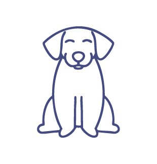 Simple line drawing of a happy seated dog with floppy ears.