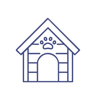 Line drawing of a doghouse with a paw print above the entrance.