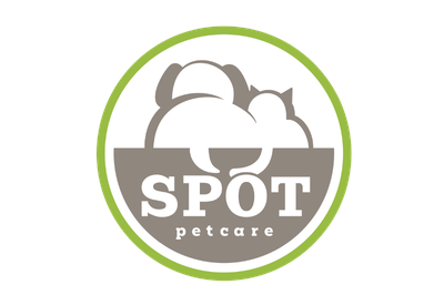 Logo for Spot Petcare featuring a silhouette of a dog and a cat inside a circular green border.