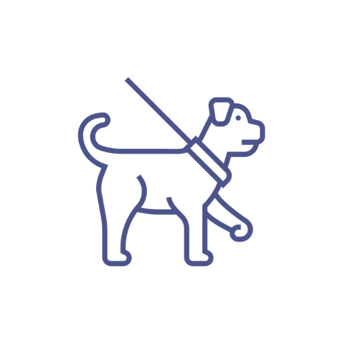 Outline drawing of a dog with a leash and collar, with a line crossing the dog out.