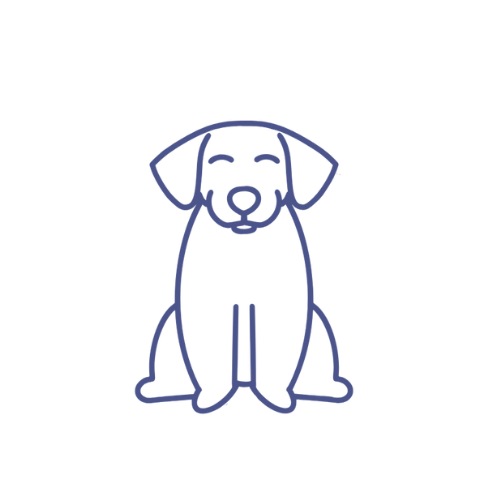 Illustration of a happy dog sitting, drawn with simple blue lines on a black background.