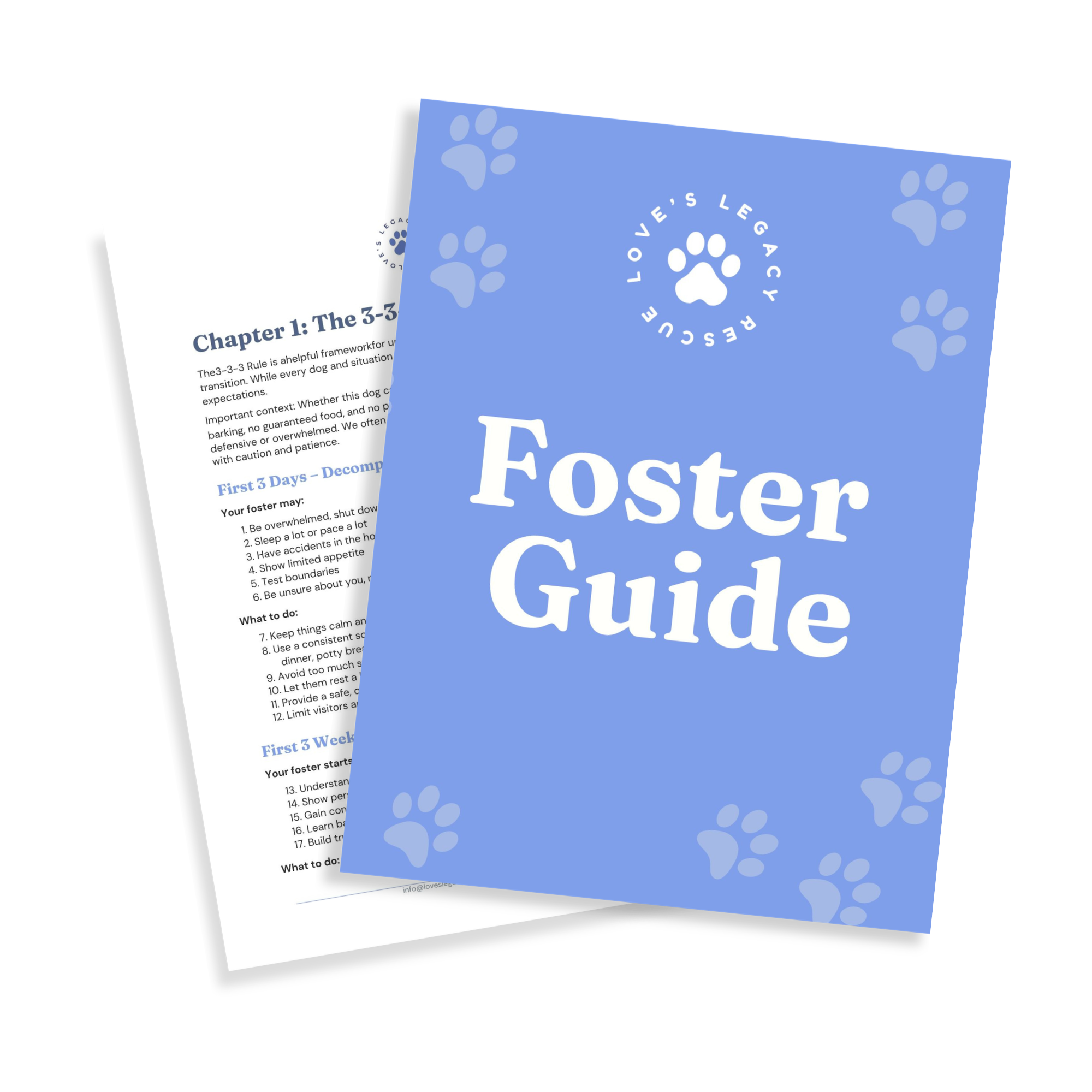 Two rescue guides from Love's Legacy, with titles 'Chapter 1: The 3-3-3 Rule' and 'First 3 Days - Decompression,' featuring light blue and white backgrounds with paw print graphics.