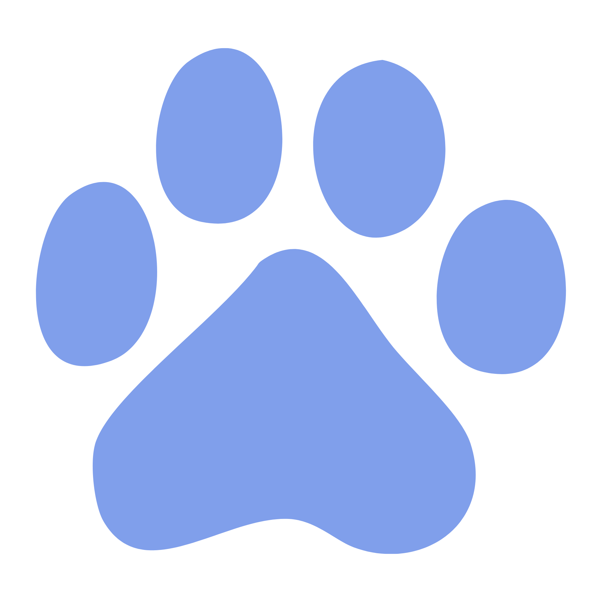 Silhouette of a dog with a paw print pattern in blue color.